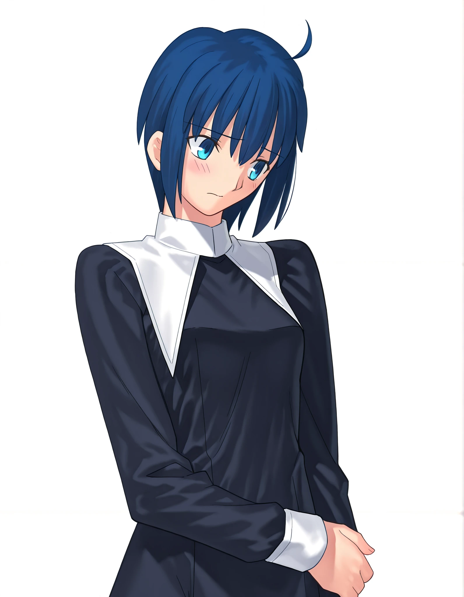 masterpiece, , absurdres, highres, detailed background, high resolution, masterpiece, necessary, detail, best quality, quality, necessary, details, High details, Precise, white background, simple background, upper body shot , (cinematic light), , solo,                                            
                                                                                                                                                                                                                         1girl, , Takeuchi Takashi (type-moon, tsukihime) style, takeuchi takashi style, (hold own arm, ), light head back,(head tilt),seriously, ,
   
girl, slim arms,<lora:illustrious_XL_ciel:0 . 9> , ciel , short hair ,blue eyes ,blue hair ,a nun costume ,tights ,medium breasts, , looking away, light embarrassed,                                                                                                                                                                                                                                                                                                                                                                                                                                                                                                                                                                                    