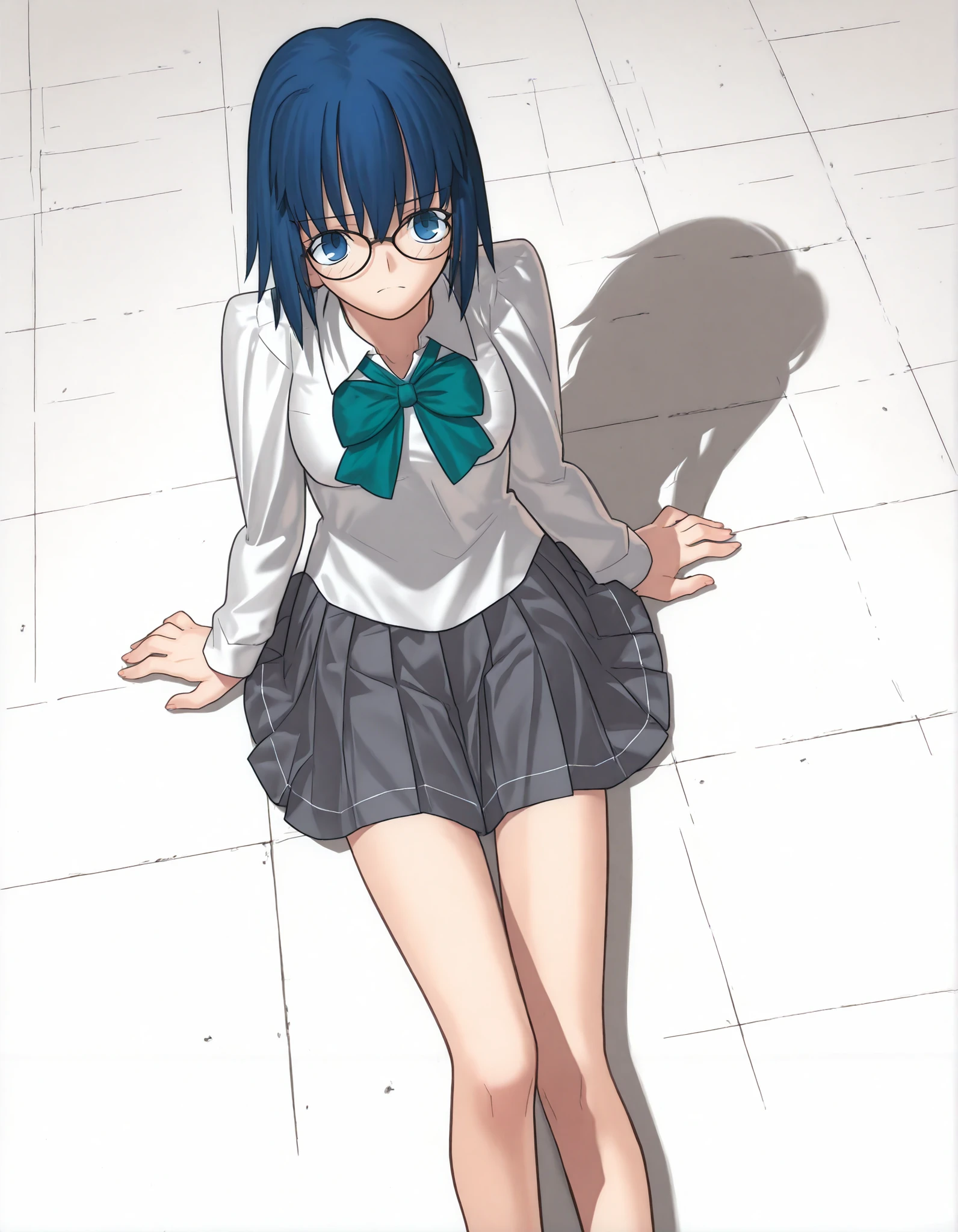 masterpiece, , absurdres, highres, detailed background, high resolution, masterpiece, necessary, detail, best quality, quality, necessary, details, High details, Precise, 8k ,(best shadows), (white background, simple ground), from above, 1girl, Takeuchi Takashi (type-moon, tsukihime) style, takeuchi takashi style, (aged up), ,(very long legs) , girl, (slender body, slim arms, slim bod), solo, el3gymaster ,ciel \(tsukihime\) ,blue eyes ,blue hair ,glasses ,short hair,(black-framed eyewear , ,green bowtie , white shirt ,open collared shirt, long sleeve ,grey skirt, pleated skirt,), (medium breasts),(looking at viewer), sitting yokozuwari,,