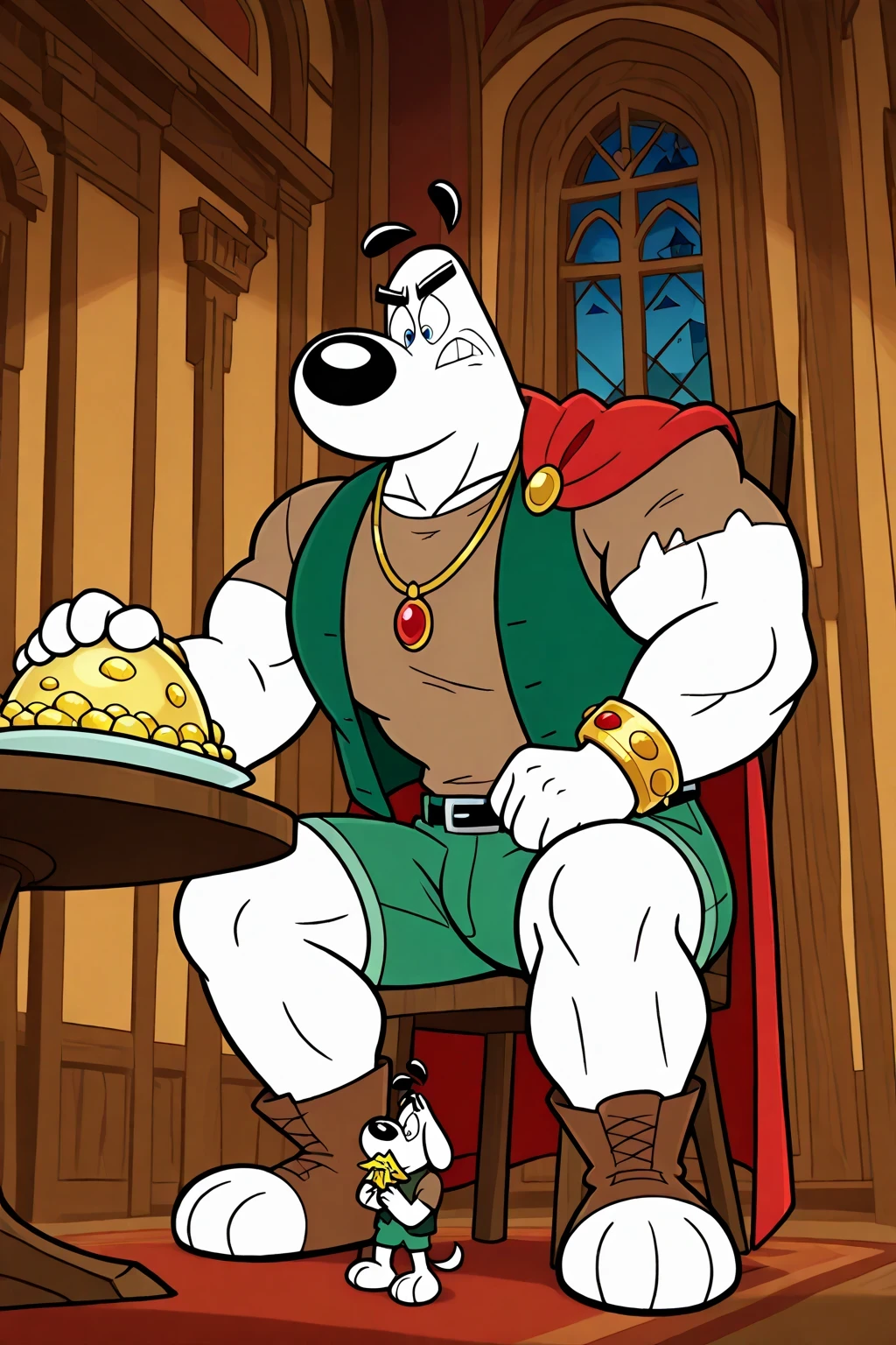 Giant muscular dudley puppy (T.U.F.F Puppy), white dog, cartoon 2d style, giant, macro size, muscular body, castle interior background, Masterpiece, best quality, high quality, detailed, Dudley Puppy, male, solo male, 1boy, broad shoulders, mature male, blue eyes, athletic build, muscular male, black ears, black eyebrows, animal ears, white body, big eyebrows, ripped dark brown shirt, ripped dark green vest, 2 straps, black belt with gold jewels and keys, round snout, full body, ripped green shorts, bigger golden bracelets, golden necklace with a red jewel, a very long red cape, ripped brown boots, indoors, looking down, crouching, confused expression, angry expression, sniffing the air and saying fee-fi-fo-fum I smell a blood of a englishman, macro size, 50 foot size, giant, castle interior background, sitting on his chair, holding a bag of coins, a table with food and gold and jewels and silver and golden eggs, jack and the beanstalk scene, little person hiding on a cup, beanstalk on the window.