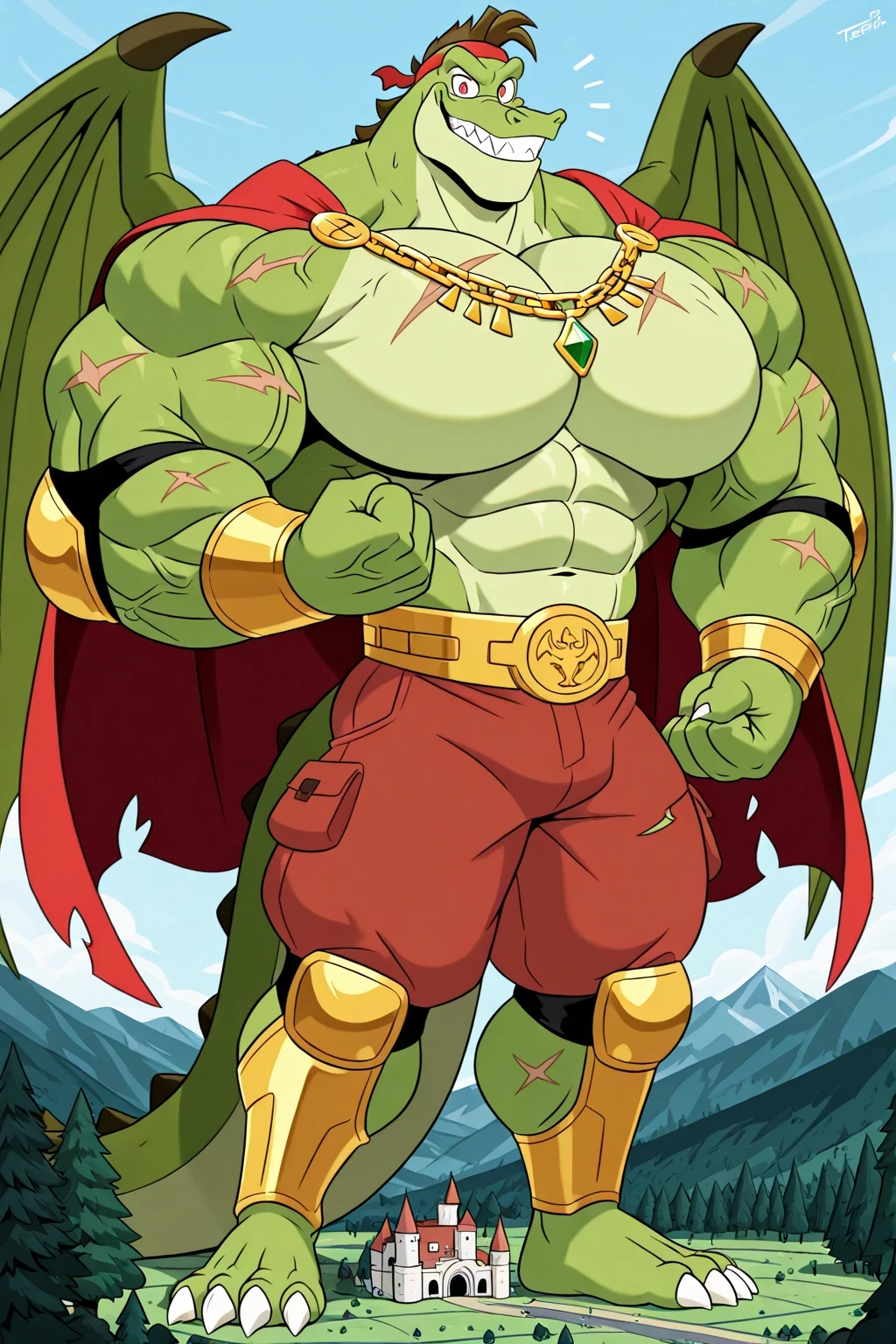 A Green Giant Max the crocodile as a weredragon, furry, (anthro), male, red eyes, looking at viewer, 2 biggest dragon wings ginomous biceps, enormous pectorals, detailed abs, muscular body, flexing his powerful muscles pose, bouncing pecs, muscular abs, (adult), wearing red underpants, long tail, standing, powerful smile, sharp teeths, sharp claws, solo, 1 boy, saturaded colors, giant size, macro size, scars, veins, 50-foot size, 100 feet tall, a green giant monster kaiju, castle background, field and forest background, mountains and beanstalk behind, blue sky background, golden armor with colorful jewels, golden chest with colorful jewels, golden wrestler champions belt, Red headband, Golden wrist tape, Golden elbow pads, Golden kneepads, ripped red underpants, red underpants, bigger golden bracelets with colorful jewels, golden necklaces with colorful jewels, red tattoos, scars on the body, big feets, ripped very long red prince cape, cartoon, anthro, anthro male, a green scale muscular body with ginormous biceps, enormous pectorals and powerful abs, giant size, macro size, 50-foot size, 100-feet tall.