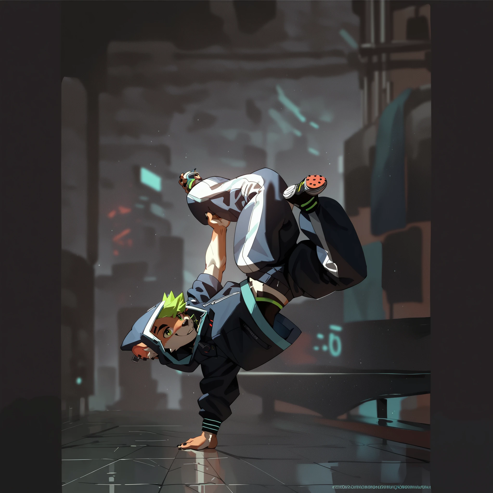 check_9,check_8_up,check_7_up,check_6_up,check_5_up,check_4_up, solo anthropomorphic furry, male, male, cyberpunk, breakdancer, dimension shifter, hood, baggy pants, slim, agile, full body, breakdancing, upside down
