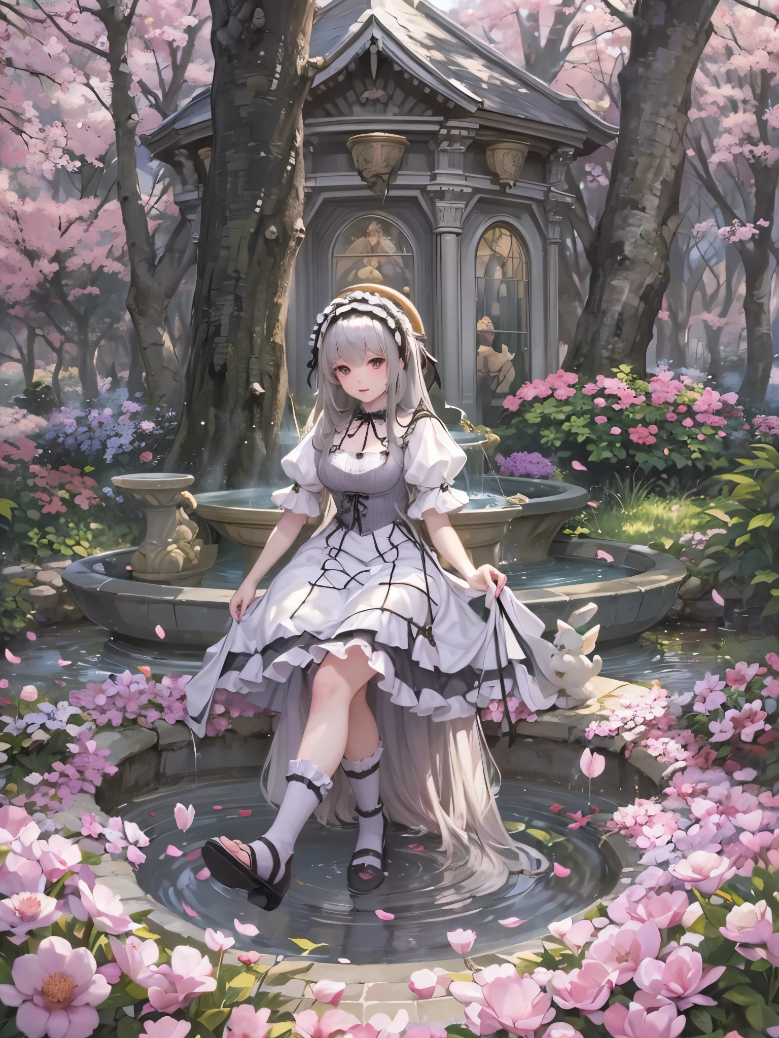 Spring deep in the forest Looks like a gothic Lolita with her foot in the fountain 8k highest quality