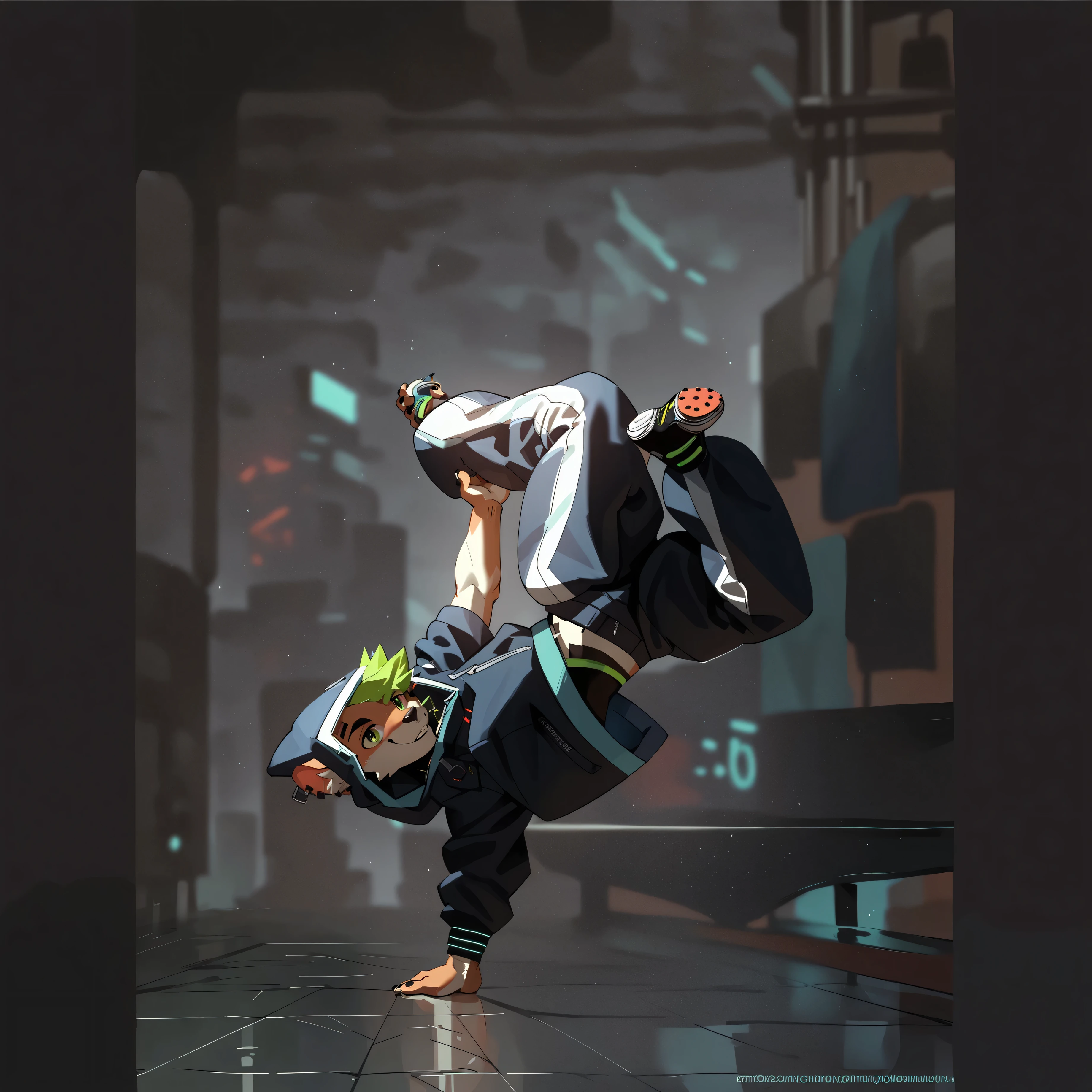 check_9,check_8_up,check_7_up,check_6_up,check_5_up,check_4_up, solo anthropomorphic furry, male, male, cyberpunk, breakdancer, dimension shifter, hood, baggy pants, slim, agile, full body, breakdancing, upside down