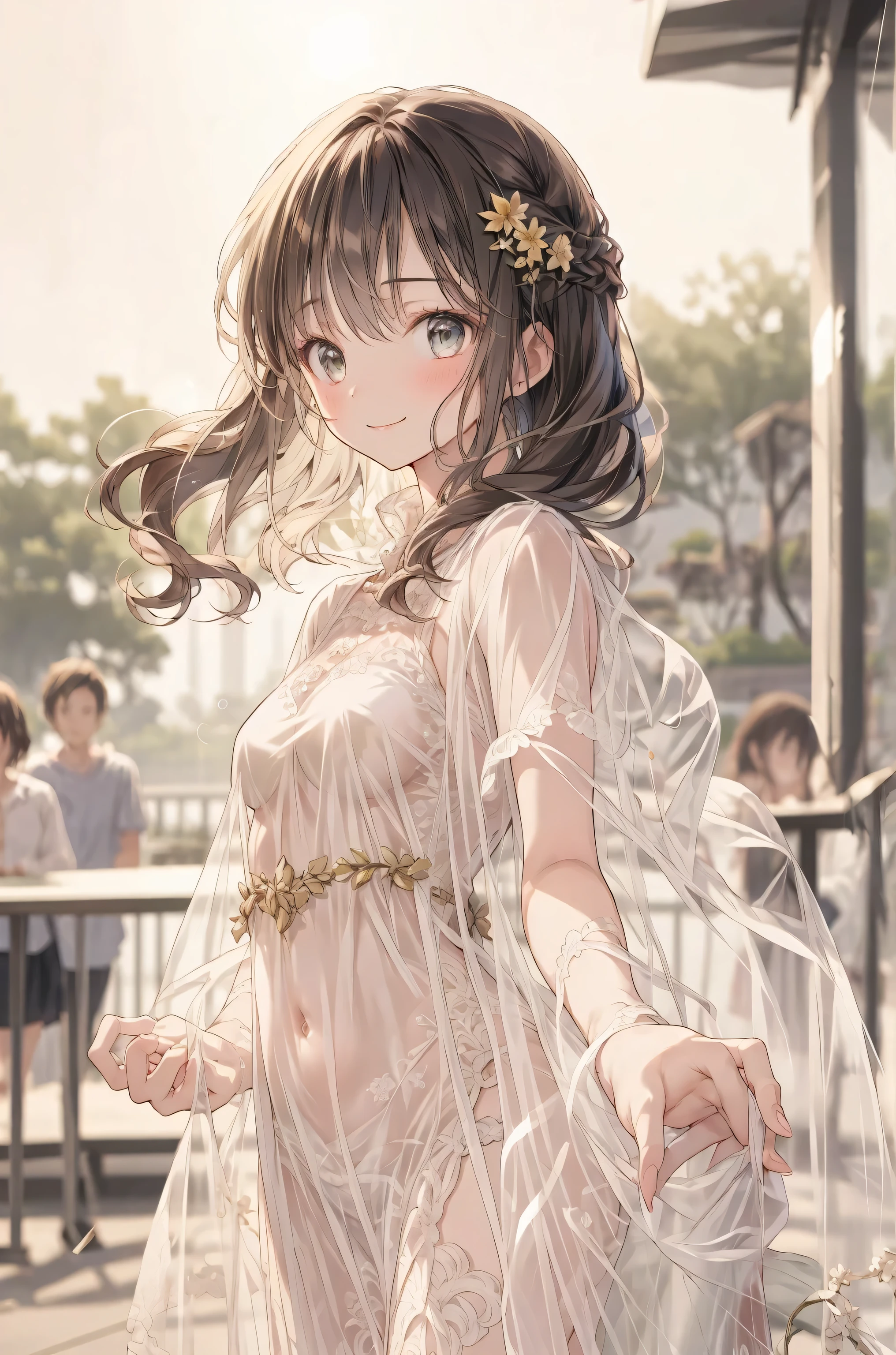 The Veiled Bride、graceful behavior、big smile、Dark Dawn、holy church background、High Quality、portrait、Photo、HDR、bokeh effect、Delicate Hues，((最High Quality)), (very detailed), (High Definition CG Composite 8K Wallpaper), 高いly detailed, 高い-definition raw colbor photos, professional photography, Depth of Written Boundaries,Beneath the veil、Baby-Faced Girl Who Can't See Her Expressions、Winter clothing、in a crowd、Modest Smile、Delicate Feelings、Quiet Presence、A place with a hint of winter、soft light、Pale Color Palette、Portrait of a Soft and Delicate Woman、Realistic and Delicate Digital Art、High definition 8K、Super detailed、professional illustration、Photoような写実性，brown hair，shortcuts，unkempt hair，Short braided hair，Neat，slender beauty，correct posture，small breasted，beautiful legs，Her Enchanting Gray-Blue Eyes Are Shining Like Stars，Saggy Eyes，Brilliant Colors,beautiful eyes,A delicate smile,Textured Skin,Highest Quality,gentle and beautiful woman,anime style､