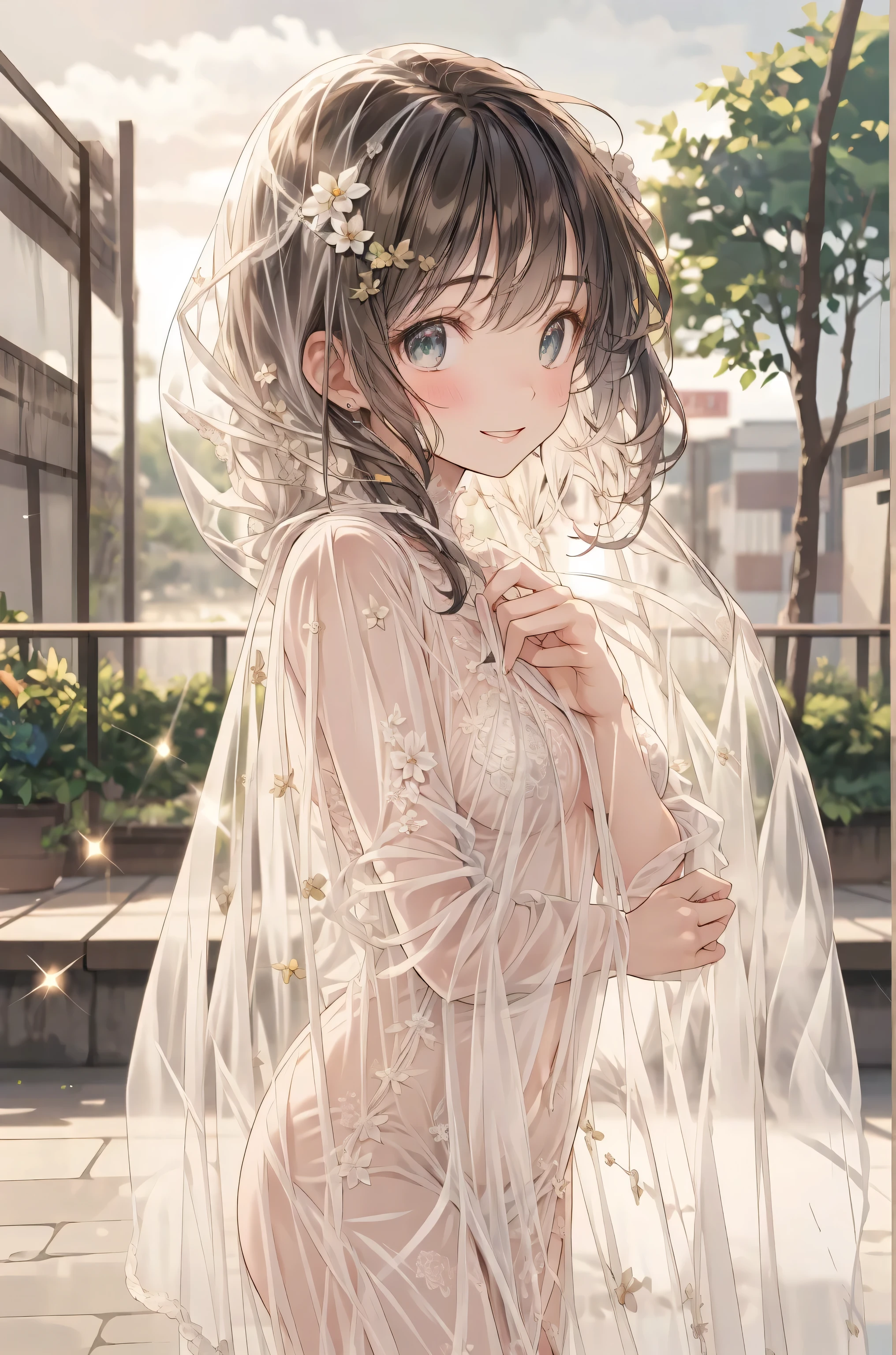 The Veiled Bride、graceful behavior、big smile、Dark Dawn、holy church background、High Quality、portrait、Photo、HDR、bokeh effect、Delicate Hues,((最High Quality)), (very detailed), (High Definition CG Composite 8K Wallpaper), 高いly detailed, 高い-definition raw colbor photos, professional photography, Depth of Written Boundaries,Beneath the veil、Baby-Faced Girl Who Can't See Her Expressions、Winter clothing、in a crowd、Modest Smile、Delicate Feelings、Quiet Presence、A place with a hint of winter、soft light、Pale Color Palette、Portrait of a Soft and Delicate Woman、Realistic and Delicate Digital Art、High definition 8K、Super detailed、professional illustration、Photoような写実性,brown hair,shortcuts,unkempt hair,Short braided hair,Neat,slender beauty,correct posture,small breasted,beautiful legs,Her Enchanting Gray-Blue Eyes Are Shining Like Stars,Saggy Eyes,Brilliant Colors,beautiful eyes,A delicate smile,Textured Skin,Highest Quality,gentle and beautiful woman,anime style、