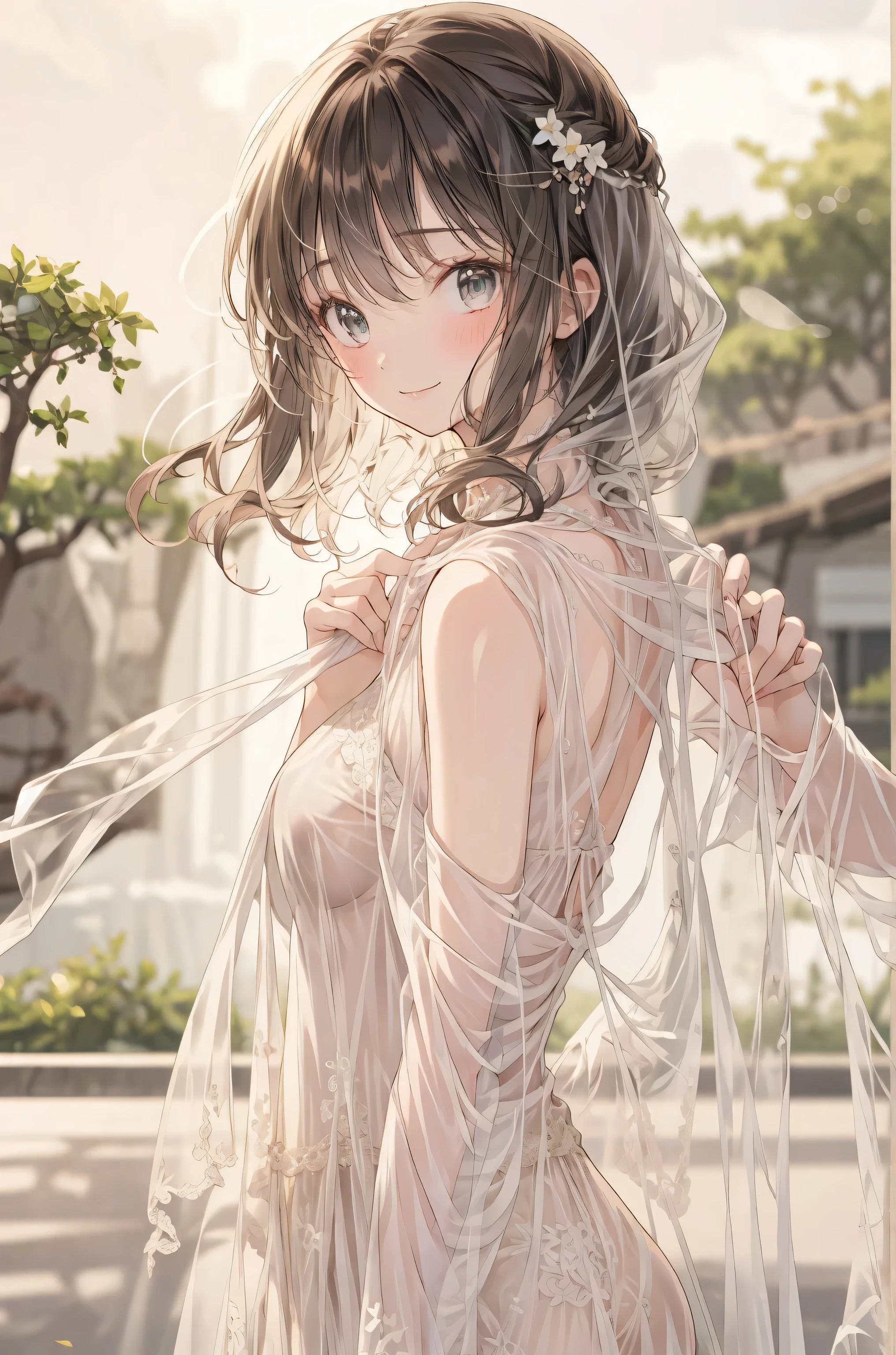 The Veiled Bride、graceful behavior、big smile、Dark Dawn、holy church background、High Quality、portrait、Photo、HDR、bokeh effect、Delicate Hues,((最High Quality)), (very detailed), (High Definition CG Composite 8K Wallpaper), 高いly detailed, 高い-definition raw colbor photos, professional photography, Depth of Written Boundaries,Beneath the veil、Baby-Faced Girl Who Can't See Her Expressions、Winter clothing、in a crowd、Modest Smile、Delicate Feelings、Quiet Presence、A place with a hint of winter、soft light、Pale Color Palette、Portrait of a Soft and Delicate Woman、Realistic and Delicate Digital Art、High definition 8K、Super detailed、professional illustration、Photoような写実性,brown hair,shortcuts,unkempt hair,Short braided hair,Neat,slender beauty,correct posture,small breasted,beautiful legs,Her Enchanting Gray-Blue Eyes Are Shining Like Stars,Saggy Eyes,Brilliant Colors,beautiful eyes,A delicate smile,Textured Skin,Highest Quality,gentle and beautiful woman,anime style、