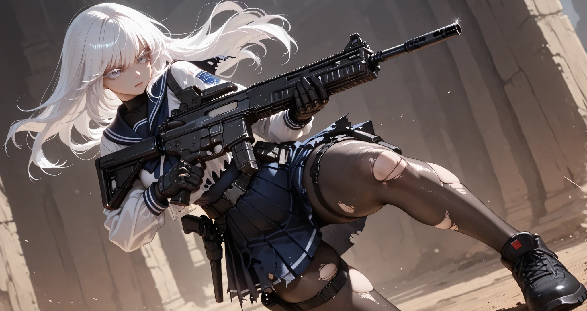 (masterpiece, Highest Quality, super detailed anime style digital painting holding a large assault rifle、closeup pictures), 1girl, long white hair、White eyelashes、Girl in a Sailor Suit、pleated skirt、I'm holding a big assault rifle。A holster belt is attached only to the thigh of the right foot, and a handgun is inserted、Equip your belt with a survival knife、pantyhose, dramatic composition、dynamic angle、perspective、Dynamic、masterpieceポートレート、Wilderness Battlegrounds 、torn clothes