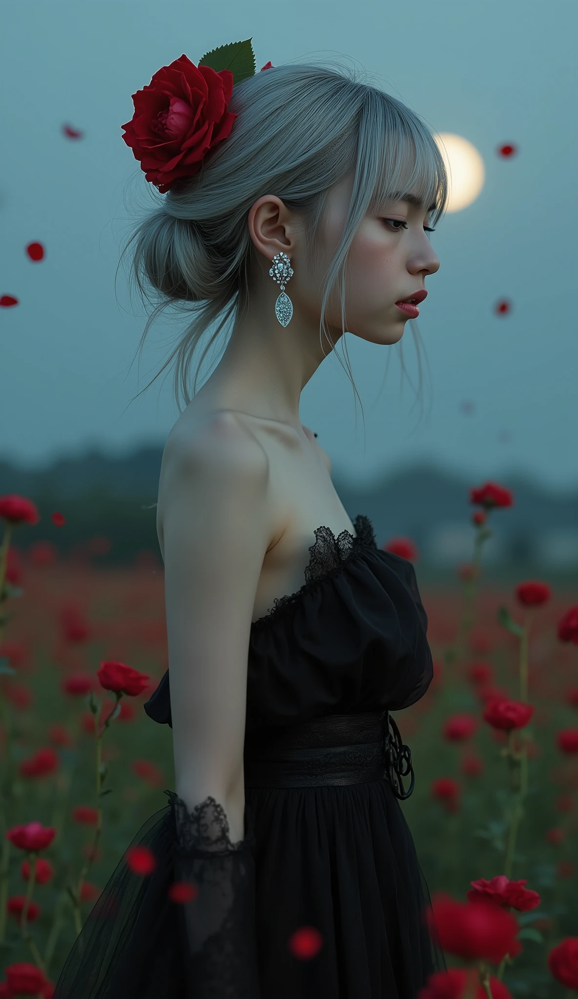 (extreme long shot, full body shot, side view, divinely silver moon, Scrawny petite delicate 13yo pale silver hair Girl in simple stylish black strapless dress with simple black half-glove, with a Impressive crimson rose Hair Ornament, with White lily motif earrings, hair bun, A field of crimson roses spreads out before her, many Rose petals are dancing in the air, She is looking down with a little slight grin in the moonlight, black choker, during the blue moment, stunning light expression, signature "michelle" is subtly placed in the bottom left corner in red small calligraphy style text, hyper photorealism, Biologically correct images, innocence, neat and clean, Highest resolution, masterpiece),
(super delicate Scrawny super skinny anorexic pretty petite thin 13yo girl:16, extremely thin, skinny super small babyface as pretty petite 12yo girl:16, extremely skinny anorexic bony pretty petite body as super delicate pretty petite 12yo thin girl, big round eyes, Beautiful contours, no moles, fairy pale thin skin, very delicate and very narrow shoulders as thin 11yo pretty petite girl, super skinny 11yo girlish thin thighs, skinny 11yo girlish small ass),