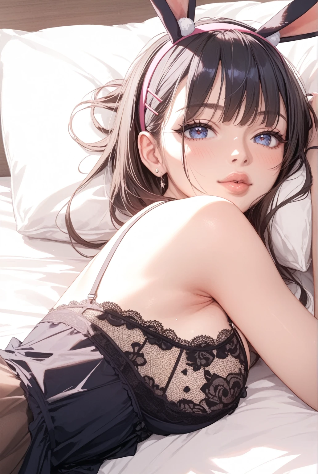 Best Quality,High resolution,8K,finelity detailed background,Masterpiece:1.2),beautiful girl,Shiny brown hair,crossed bangs,Brown eyes,Gentle look,A refreshing look,smile,Best quality,Best Quality,Aesthetic and aesthetic:1.2,Best details((Super detailed))(High-definition CG illustrations),Upper Body,Dark grey ?????????, (dark gray),Slender body,night,moon,Bedroom,On the bed,smile,blush,cute,Scrounge,Looking up,Being spoiled,super model,wariza,shoot from,below