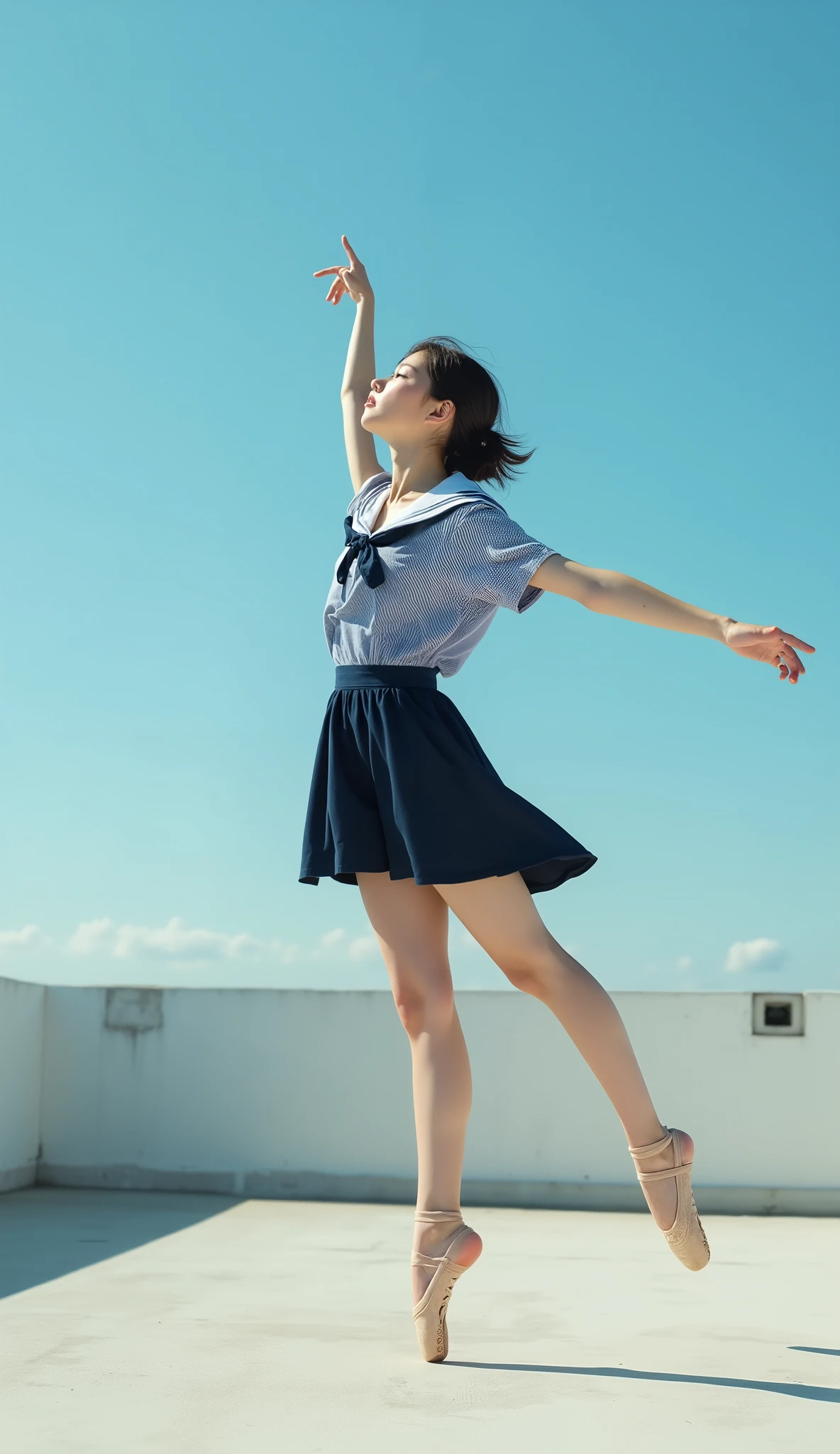(overlay: Polaroid photo borders, extreme long shot, from below, side view, clear blue sky in summer spread out, on the edge of an empty school rooftop, Scrawny petite thin delicate 13yo ballet girl in neat navy sailor school uniform, bare foot, she is performing a grand jeté, no makeup, stunning light expression, signature "michelle" is subtly placed in the bottom left corner in red small calligraphy style text, hyper photorealism, Biologically correct images, innocence, neat and clean, Highest resolution, masterpiece), 
(super delicate Scrawny super skinny anorexic pretty petite thin 13yo girl:16, extremely thin, skinny super small babyface as pretty petite 12yo girl:16, extremely skinny anorexic bony pretty petite body as super delicate pretty petite 12yo thin girl, big round eyes, Beautiful contours, no moles, fairy pale thin skin, very delicate and very narrow shoulders as thin 11yo pretty petite girl, super skinny 11yo girlish thin thighs, skinny 11yo girlish small ass, super skinny 11yo pretty petite girlish lower abdomen),