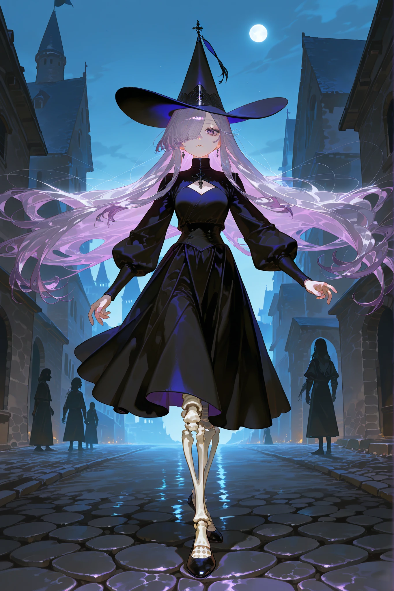 The undead medival princes. (She has a transparent skin, the silhouette of her skeletal bones can be see through.) She has a shorty flat-chested body shape. She has ghostly pale skin and bruises under her eyes. She has tired big black-purple eyes with long eyelashes and leaking mascara. She has black very long hair with purple highlights, she has a careless long ghostly hairstyle with long hair over one eye. She has a black manicure. She is wearing a pitch black medieval A-line dress with high collar, silver wimple, and long bishop sleeves. She wearing a black silver cone-shaped hat of princess with purple veil. She wears black ballet flats. (In the background: is a room with an authentic interior of abandoned medieval castle made of cobblestone. Abandoned medival kingdom.)