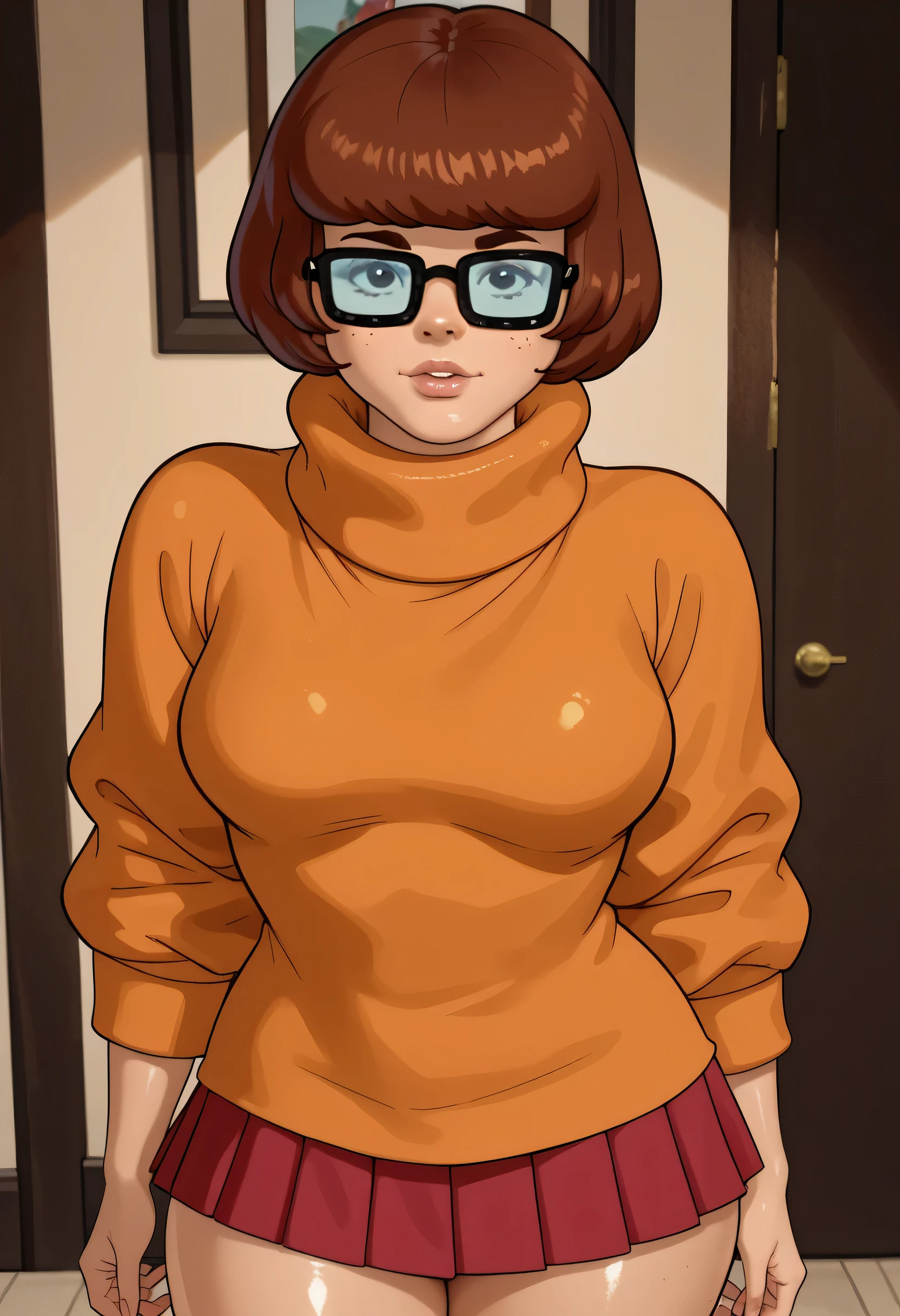 Velma Dinkley, (scooby doo), dark brown hair, short bangs hair, black thin eyebrows, dark brown eyes, glasses, lips without makeup, (), orange sweater, dark red skirt, standing, ((thick thighs)), looking at viewer, pov, (((shiny skin))), (((glossy skin)))