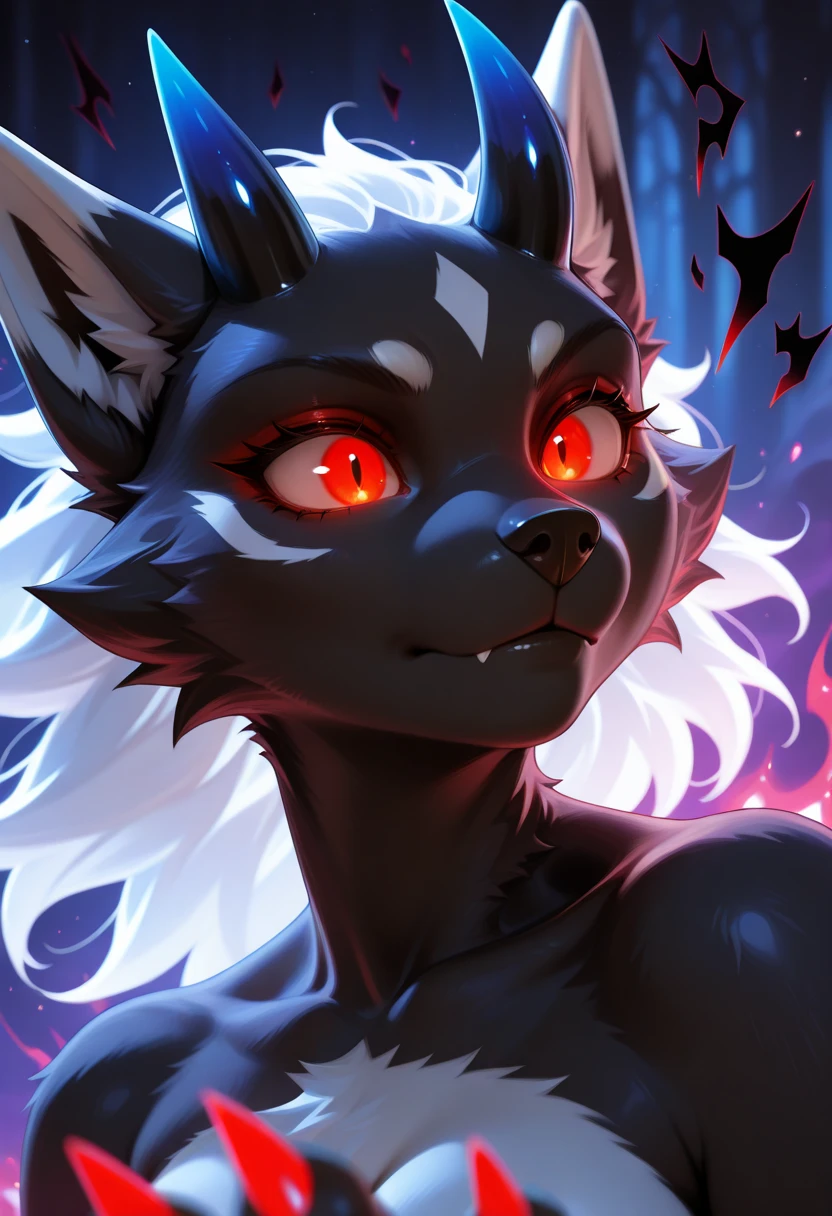 1girl(ONLY girls), any pose, doing anything, massive breasts and hips and butt, anywhere, any angle, alone, wolf, sexy, blushing, black slime wolf with red eyes (Abyss the Slime Wolf)