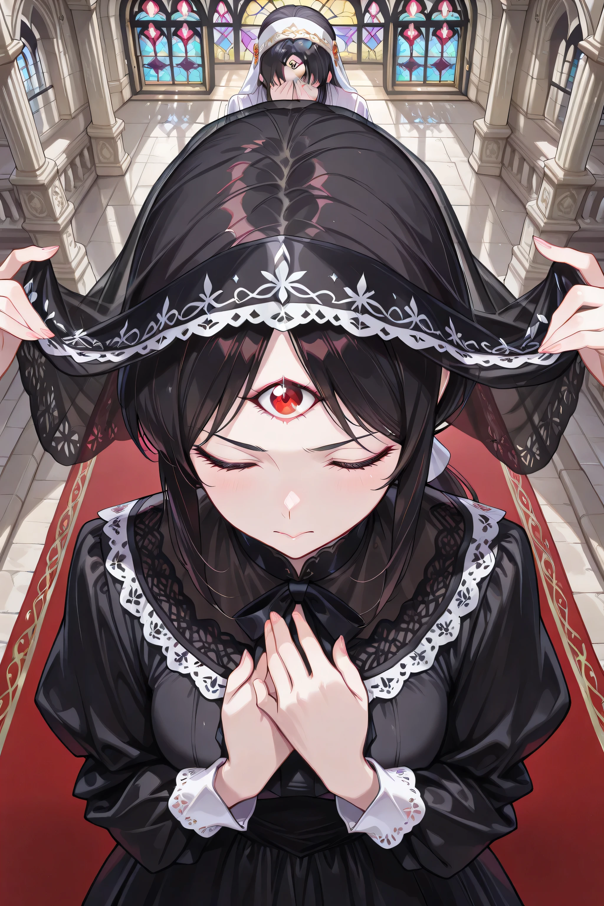 ((language: Japanese、English)、(Masterpiece), (Highest Quality), (High Score), (High Resolution),(4k),Uncensored,),

(Rome in the Middle Ages、(spring)、(morning)、(Outdoors)、1girl,,solo,),
(masterpiece, best quality, very aesthetic),
(,(A gorgeous cathedral、red carpet、stained glass）、,,,,(Anatomically accurate structure),),

(((detailed eyes,anime eyes,high detail eyes),(The third eye glowing red),,BREAK,(an extremely cute and beautiful girl),(beautiful hair,Extremely delicate hair rendering,hairdetailer:1.5),(ultra-detailed face:1.4),(deep detailed eyes:1.4),))

((mature woman,black hair, long hair, sidelocks, low ponytail, third eye, (Headdress, with lace),(Mourning dress, funeral dress, black dress, white embroidery, black veil, face-covering veil, lace, gathered sleeves, white cuffs),,,(wearing lace, covering the forehead, covering the face),(medium breasts),(short stature),),(close eyes,)(standing :),(hands on own chest),(head down:1.2),[looking down:],[face forcus:],,BREAK,[Close-up of the upper body:],[from above:1.5],[straight-on shot:1.5],[dutch angle],),

(),
（high score）、（superlative image generation）、
(The correct number of fingers, five fingers),
veil,,(White lace, mourning lace, covering the forehead, covering the face),
