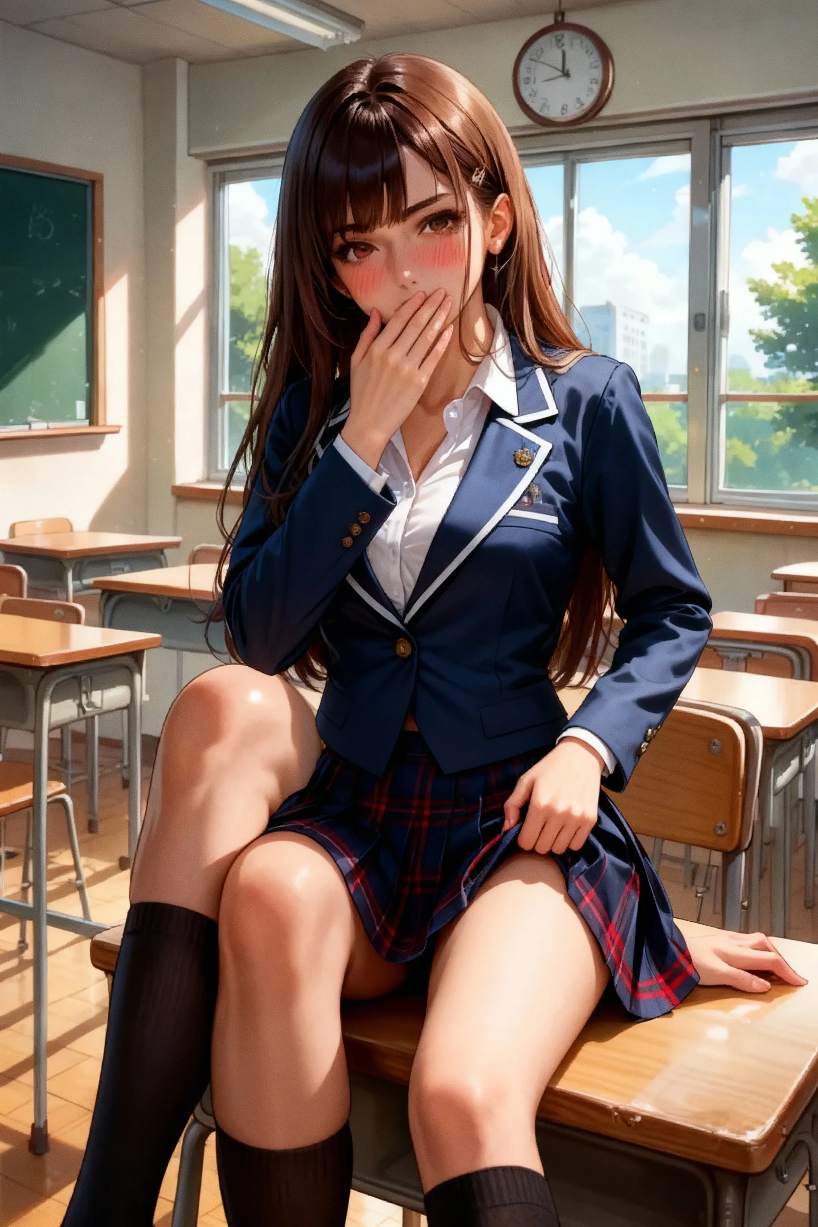 ((masterpiece:1.2, best quality, highres, 8k, ultra-detailed:1.2, photorealistic:1.37)), cute girl (((forward bending))):1.5, in classroom, full body visible:1.5, school uniform(blazer+plaid skirt), beautiful delicate(hair,face,eyes,lips,clothes),delicate pupils,sparkling eyes,bright rosy lips, head tilt,