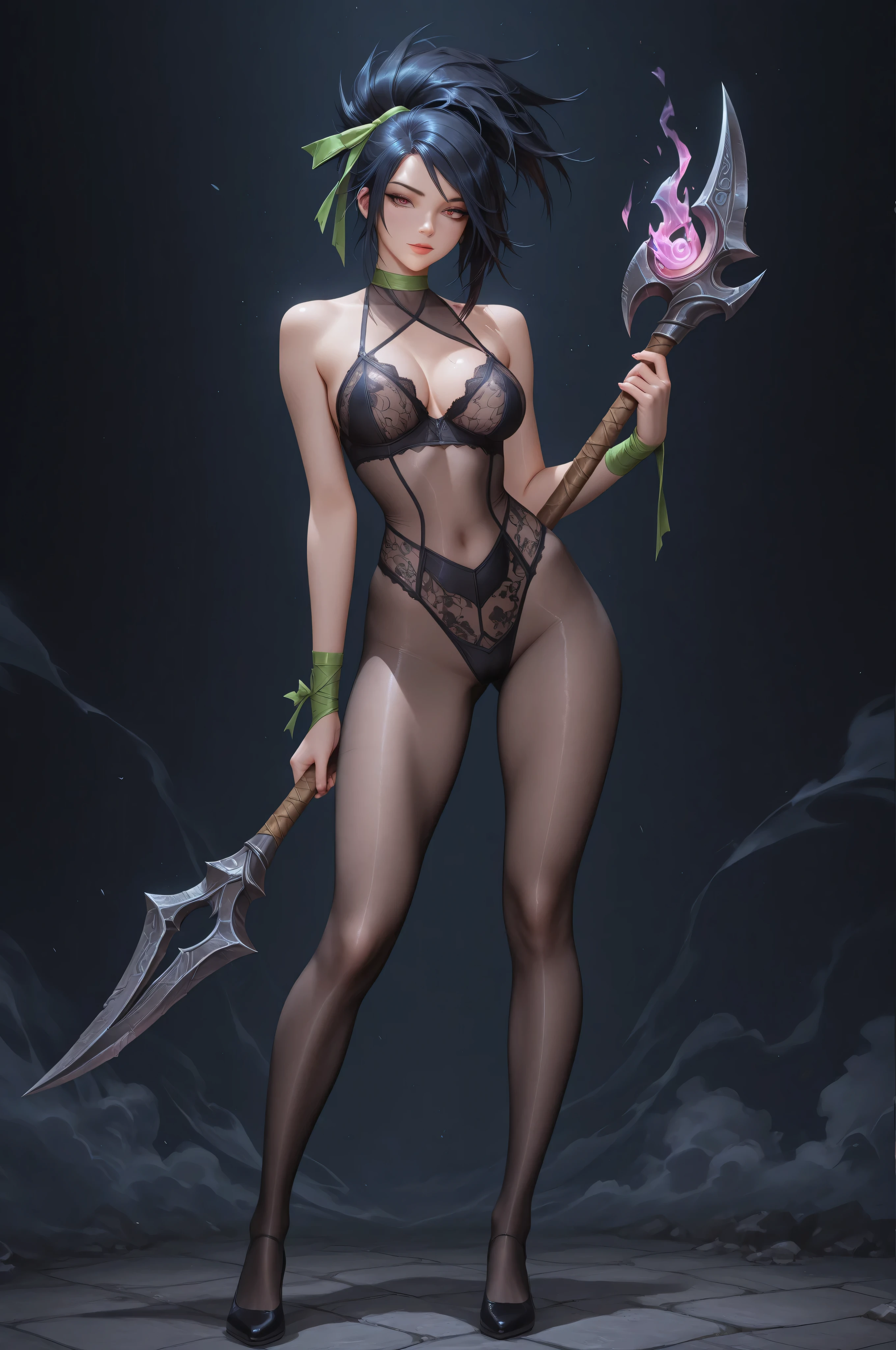 ultra sexy, seductive look, good body, black tight leotard, black pantyhose, sexy lingerie, sexy underwear, bodystocking, Akali from League of Legends, Full HD, masterpiece, best quality, standing full body, teenager with an athletic and sexy body