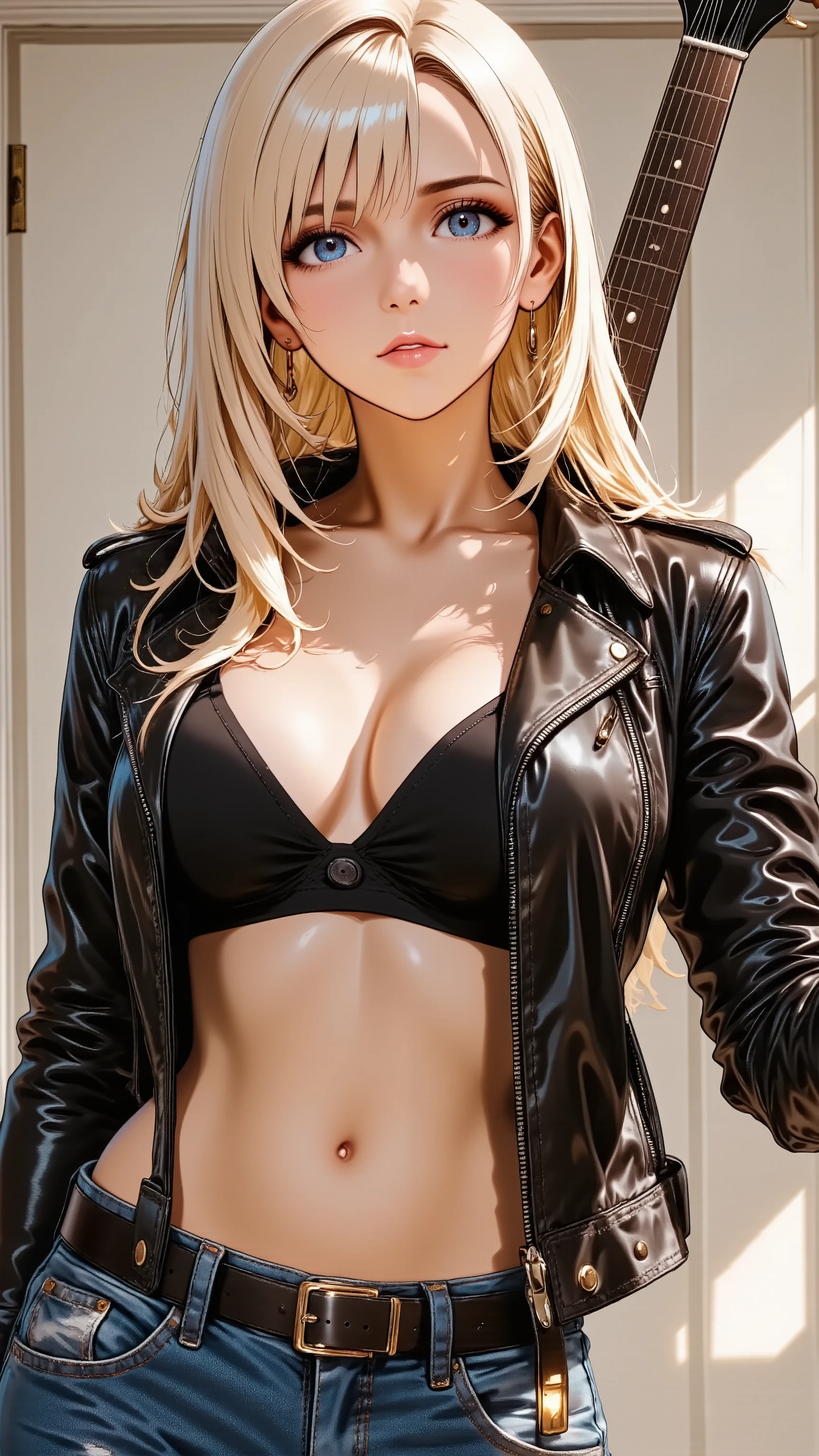 A charismatic adult woman, a rock musician, in a leather jacket and stylish jeans. She has long blonde hair. She has natural makeup. She has natural and correct anatomy, including her hands. She is standing, holding an electric guitar strapped over her shoulder. Her powerful gaze challenges the viewer, filled with rebellious energy and passion. Shot from the thigh-up.