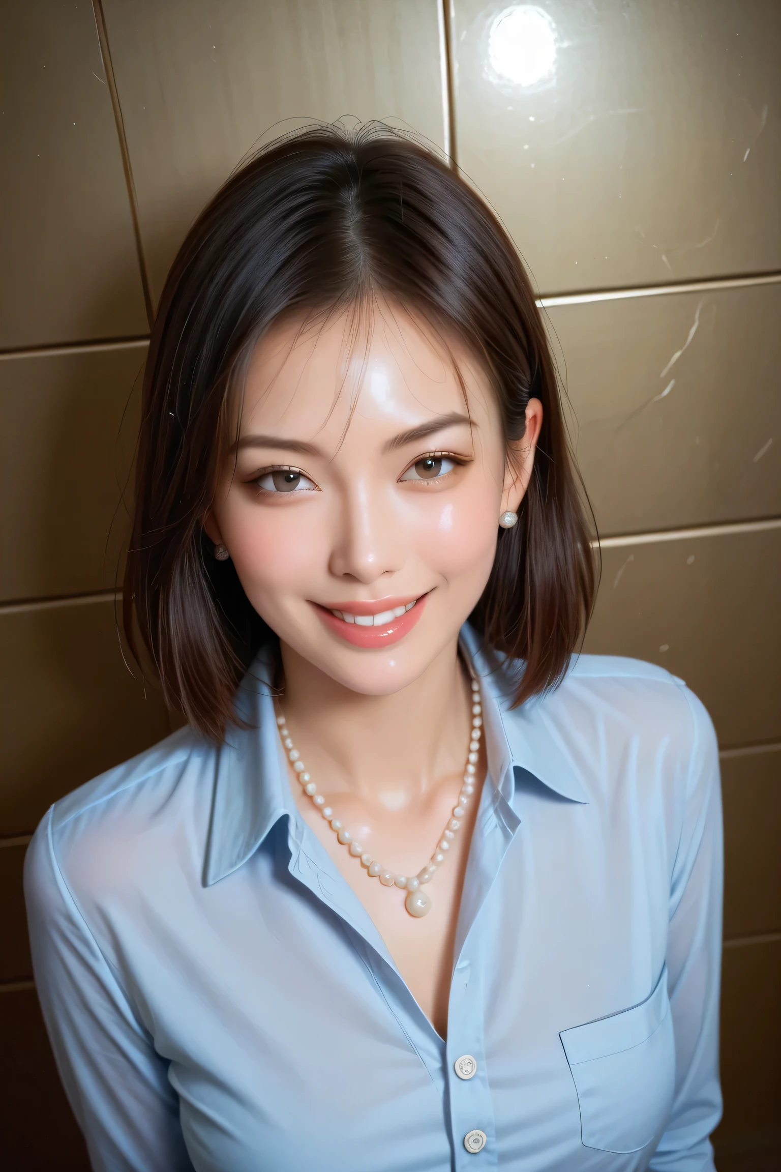 score_9, score_8_up, score_7_up, masterpiece, Highest Quality, 1Japanese adult girl, 40 alternatives, cowboy shot from above, beautiful faces, Confident Posture,
blue silk blouse with pearl buttons, Tight Black Miniskirt, Refined Silhouettes,
Intelligent smile, full lips, soft wavy black hair with pearl buttons, Porcelain Skin,
Minimalistic gallery background, soft and dramatic lighting, direct line of sight, and sensual & Intelligent