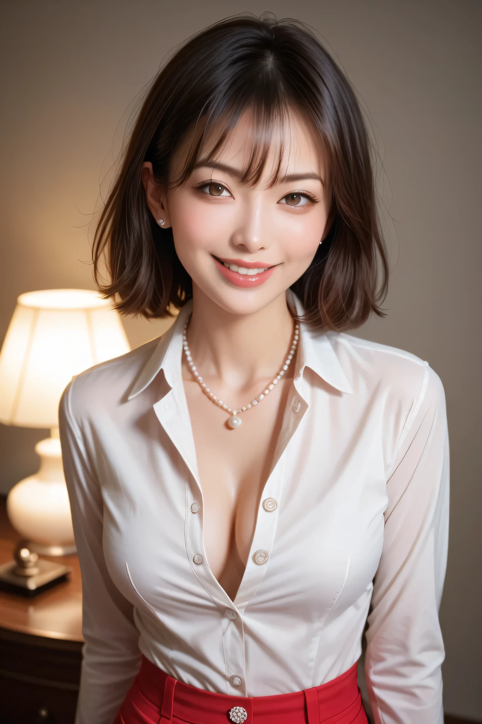 score_9, score_8_up, score_7_up, masterpiece, Highest Quality, 1 Japanese adult female, 40 options, cowboy seen from above, beautiful faces, Confident Postures,
 pink silk blouse with 2 open buttons 、パールのボタン付き, tight black miniskirt, Refined silhouette,
Intelligent smile, full lips, pearl buttons on soft wavy black hair, Pottery Skin,
minimalistic gallery background with pearl buttons,  Soft dramatic lighting, direct line of sight, and sensual & Intelligent