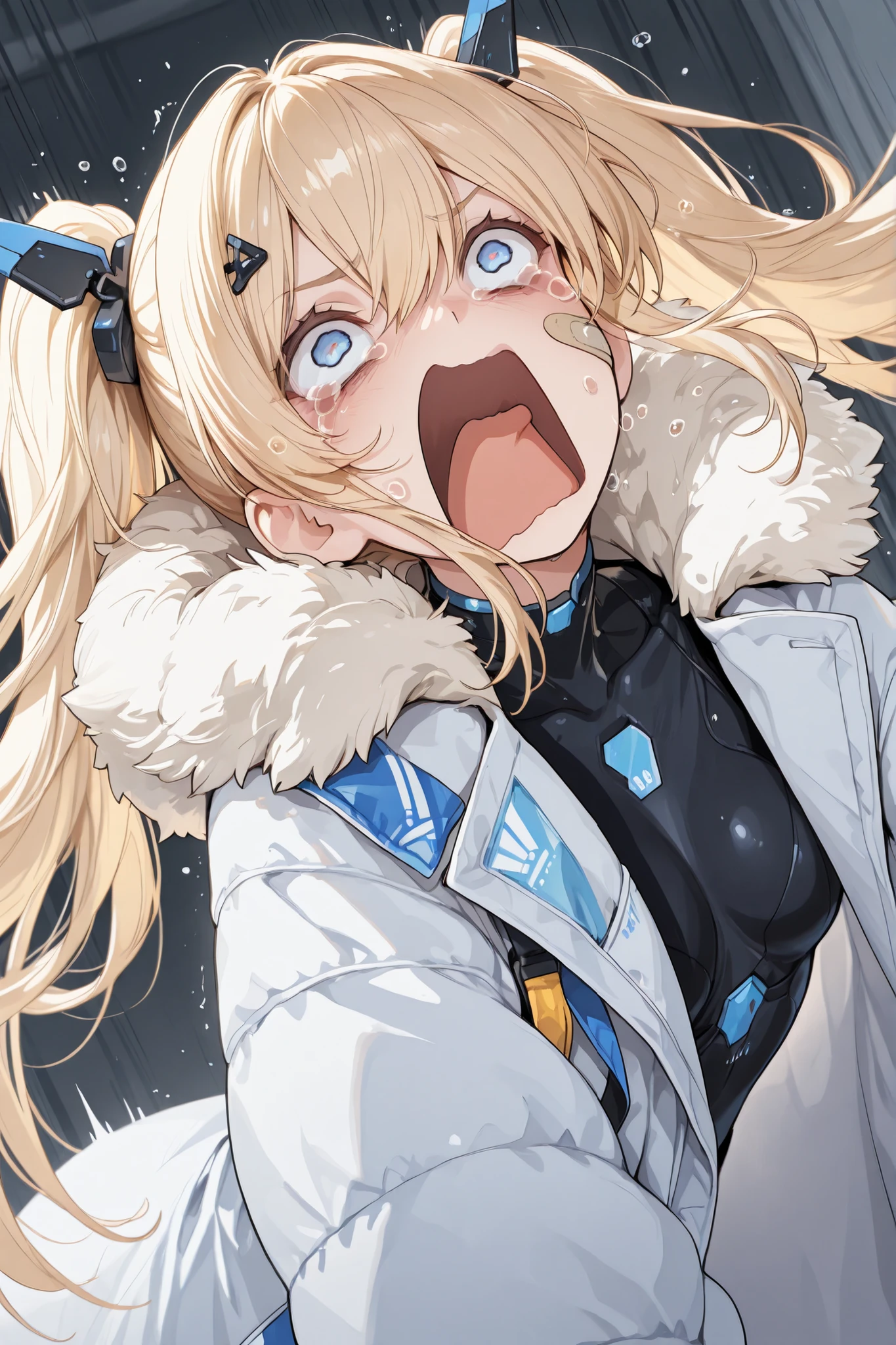 masterpiece,perfect anatomy,high resolution, ultra-detailed,beautiful detailed eyes,dutch angle,absurdres,1girl,solo,blonde hair, twintails, long hair, hair ornament, blue eyes, bandaid on face,white coat, fur trim,aquascreaming, screaming, open mouth, crying with eyes open