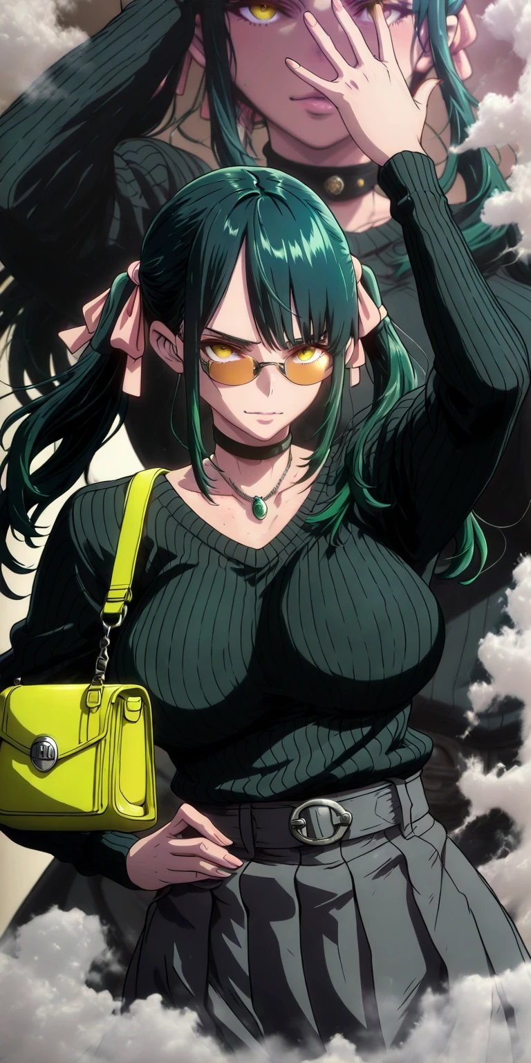 Ssp, L_Cation2, Babu-style, Hgk, (mana_(remana)-style:1.2), (butcha-u-style:1.3), (imizu_(nitro_unknown)-style:1.4), (gin_moku-style:1.2), (hiiragi_yuuichi-style:1.3), (anime coloring, anime screencap), shiny skin, (voluptuous body:1.4), (mature female:1.4), (cellulite:1.3), ((vignetting)), ((anatomical correct)), ((Cinematic, unreal-engine, eye-catching, UHD, masterpiece)), ((perfect lighting, soft shadow)), perfect body, perfect eyes, perfect fingers, gasping, heavy breathing, gasping profusely, ((skindentation)), ((curvy)), mato seihei no slave, azuma yachiho, long hair, bangs, black hair, bow, twintails, yellow eyes, hair bow, green hair, plump, (steaming body:1.5), 1girl, lemon, food, skirt, lemon_slice, bag, hands_on_hips, solo, jewelry, necklace, sunglasses, breasts, fruit, sweater, alternate_costume, tinted_eyewear, looking_at_viewer, handbag, nail_polish, pleated_skirt, long_sleeves, choker, casual