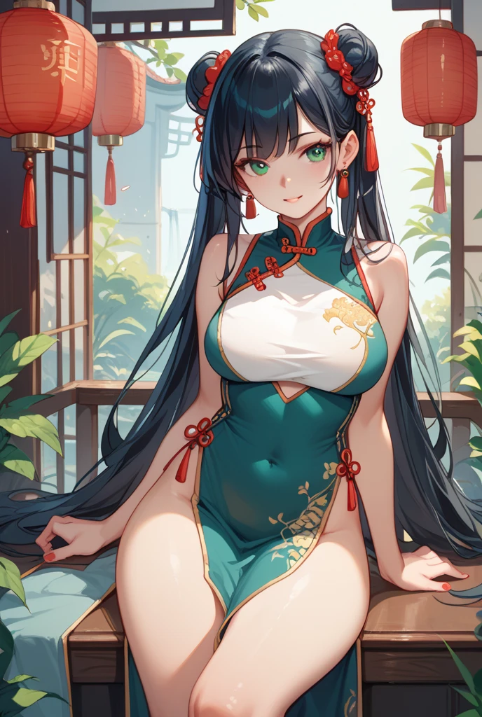 a young woman with long black hair tied in a pair of chinese buns and aqua eyes wearing blue chinese qipao with opened cleavage