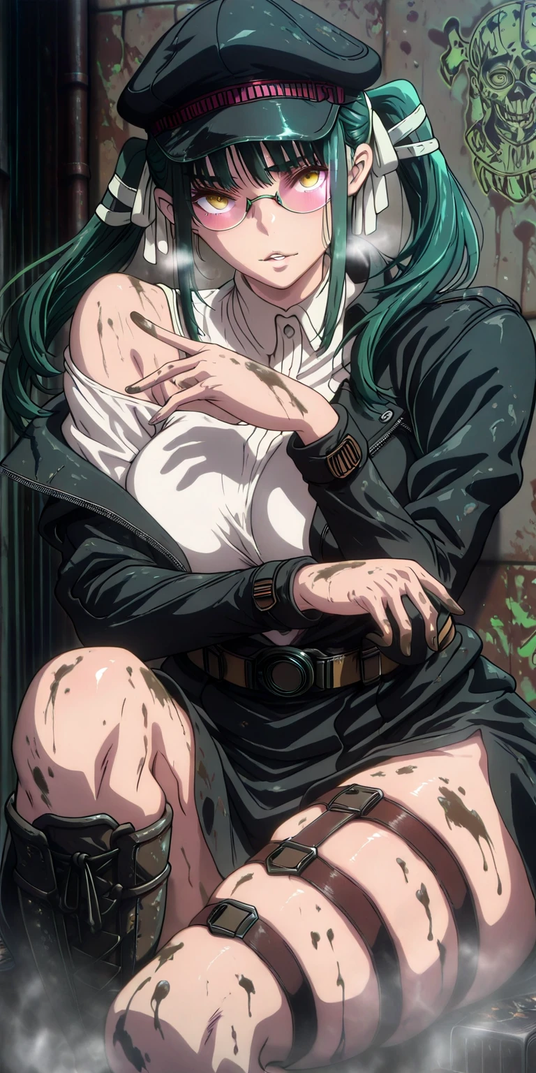 Ssp, L_Cation2, Babu-style, Hgk, (mana_(remana)-style:1.2), (butcha-u-style:1.3), (imizu_(nitro_unknown)-style:1.4), (gin_moku-style:1.2), (hiiragi_yuuichi-style:1.3), (anime coloring, anime screencap), shiny skin, (voluptuous body:1.4), (mature female:1.4), (cellulite:1.3), ((vignetting)), ((anatomical correct)), ((Cinematic, unreal-engine, eye-catching, UHD, masterpiece)), ((perfect lighting, soft shadow)), perfect body, perfect eyes, perfect fingers, gasping, heavy breathing, gasping profusely, ((skindentation)), ((curvy)), mato seihei no slave, azuma yachiho, long hair, bangs, black hair, bow, twintails, yellow eyes, hair bow, green hair, plump, (steaming body:1.5), 1girl, boots, hat, black_headwear, looking_at_viewer, sitting, black_footwear, shirt, cross-laced_footwear, white_shirt, collared_shirt, long_sleeves, lace-up_boots, skirt, glasses, knee_boots, alley, brick wall, dark-alley, dumpster, graffiti wall, mud, jacket, open_clothes, thighs, black_skirt, black_jacket, knees_up, round_eyewear, pink-tinted_eyewear, breasts, tinted_eyewear, coat, thigh_strap, parted lips, off_shoulder