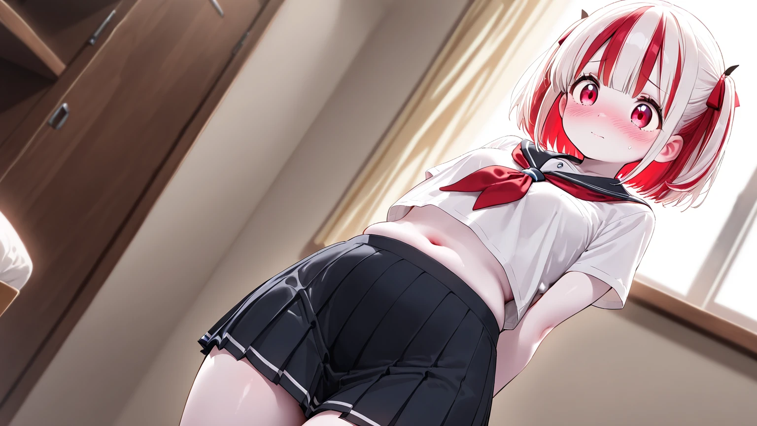 ((masterpiece)), (highest quality),Senzoku Nishikigi、
official art, very detailedCG Unity 8K壁紙, very detailed, shiny skin, Depth of the bounds written, Bright colors,
1 girl, (crooked:0.4), (full body:0.6),
short hair, bangs, red eyes, skirt, Looking next door, Licorice Uniform、white panties、red ribbon、kick、raise your legs high,stand on one leg、full body figure、Fighting game style