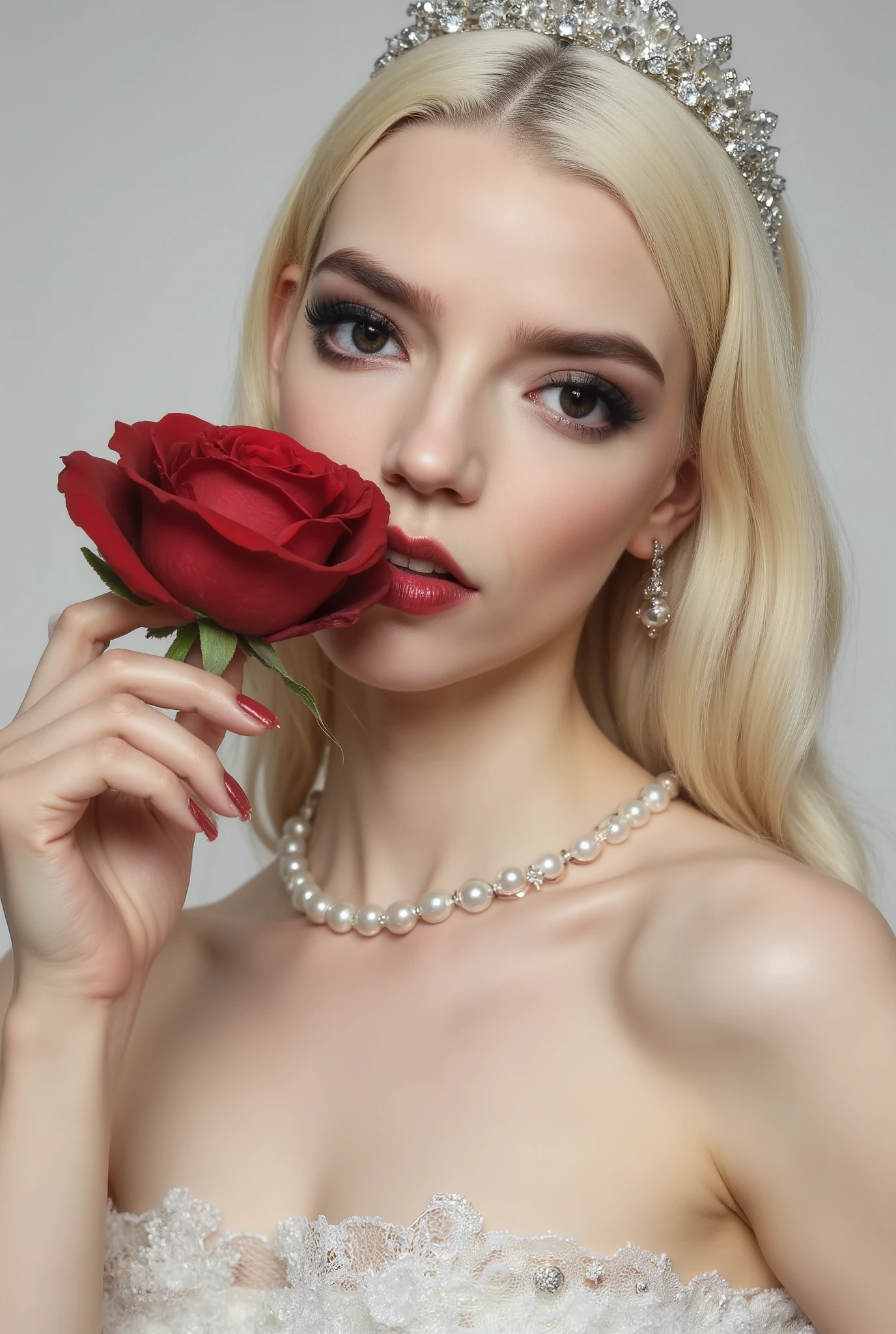 A close-up studio portrait of a young, fair-skinned woman, with long platinum blonde, softly curled hair, cascading around her shoulders, some strands delicately framing her features. Her dark eyes draw immediate attention, reflecting soft lighting. Dramatic black eyeliner accentuates her eyes, further emphasized by eyebrows. Her lips are vividly painted with deep, glossy red lipstick. She holds a vibrant, deep red rose, the same color as her lipstick, to her face, its petals nearly touching her lips, creating a sensual and intimate moment. its delicate petals complementing the softness of her features. The expression is sensual, almost dreamy, suggesting a moment of quiet contemplation. The skin shows delicate blush on the cheeks and subtle highlights, giving a luminous quality. The angle slightly tilts the head, creating an elegant, relaxed pose. The pose is gentle and alluring, suggesting a sense of romanticism. She is dressed in a luxurious white lace dress, reminiscent of rose petals. The dress is adorned with pearls, matching her elegant jewelry—a necklace, earrings, and a tiara. The strapless dress has a deep neckline, revealing the shoulders and collarbone. very detailed skin texture, with vellus hair, pores and barely noticeable wrinkles, emphasizing the true beauty. natural light skin tone. Lighting is soft, diffused, highlighting the texture of the skin. The background is a plain, pale grey, serving to accentuate the subject’s face and features, emphasizing the interplay of light and shadow, the overall aesthetic suggests a blend of classic portraiture and modern fashion photography, evoking a mood of elegance and sophistication, with a touch of sensuality. The image utilizes high key lighting and focuses on skin texture. Photorealistic style, with a focus on natural makeup and soft, diffused lighting. Professional photography, studio lighting, high fashion, beauty portrait. masterpiece. ultra-detailed. high quality. hyperrealism. intricate details.