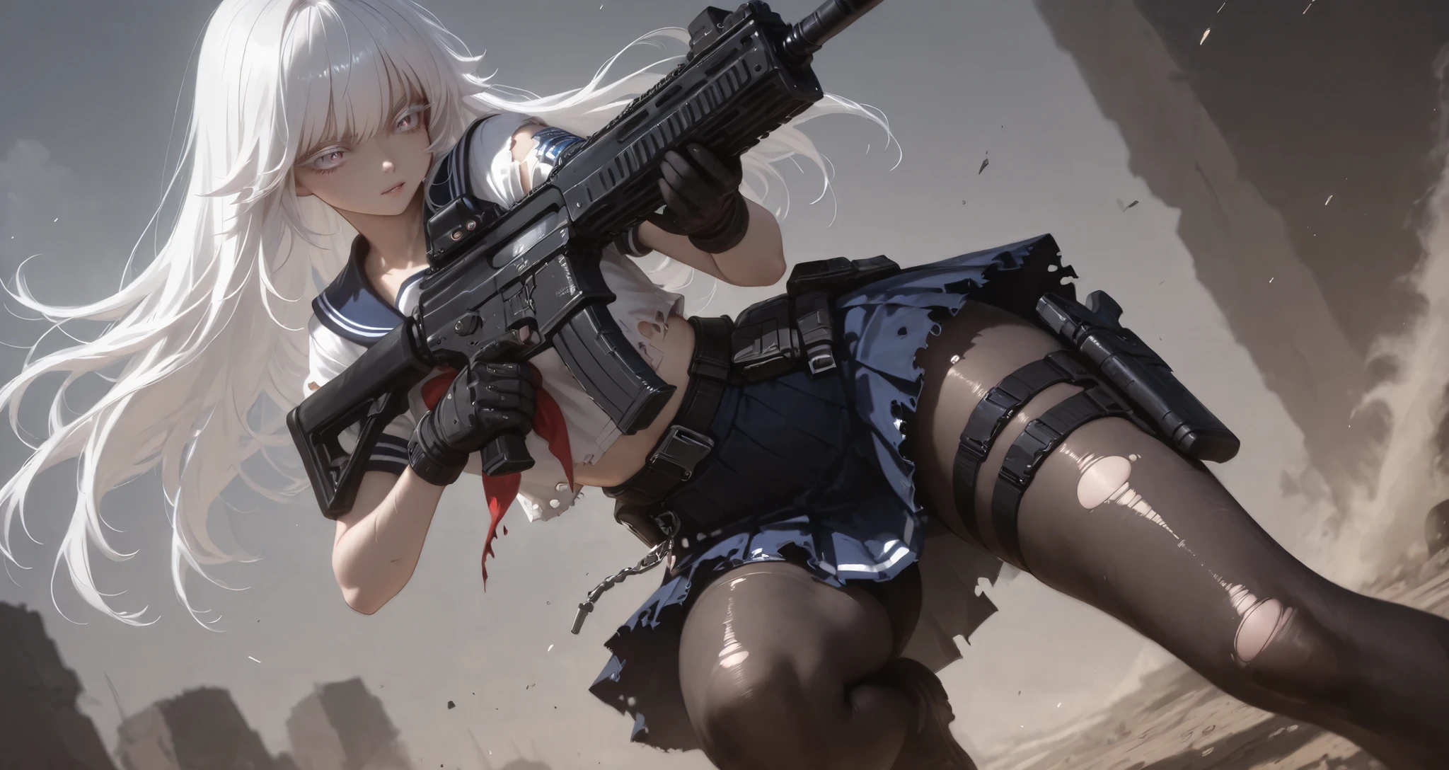 (masterpiece, Highest Quality, super detailed anime style digital painting holding a large assault rifle、closeup pictures), 1girl, long white hair、White eyelashes、Girl in a Sailor Suit、pleated skirt、I'm holding a big assault rifle。A holster belt is attached only to the thigh of the right foot, and a handgun is inserted、Equip your belt with a survival knife、pantyhose, dramatic composition、dynamic angle、perspective、Dynamic、masterpieceポートレート、Wilderness Battlegrounds 、torn clothes