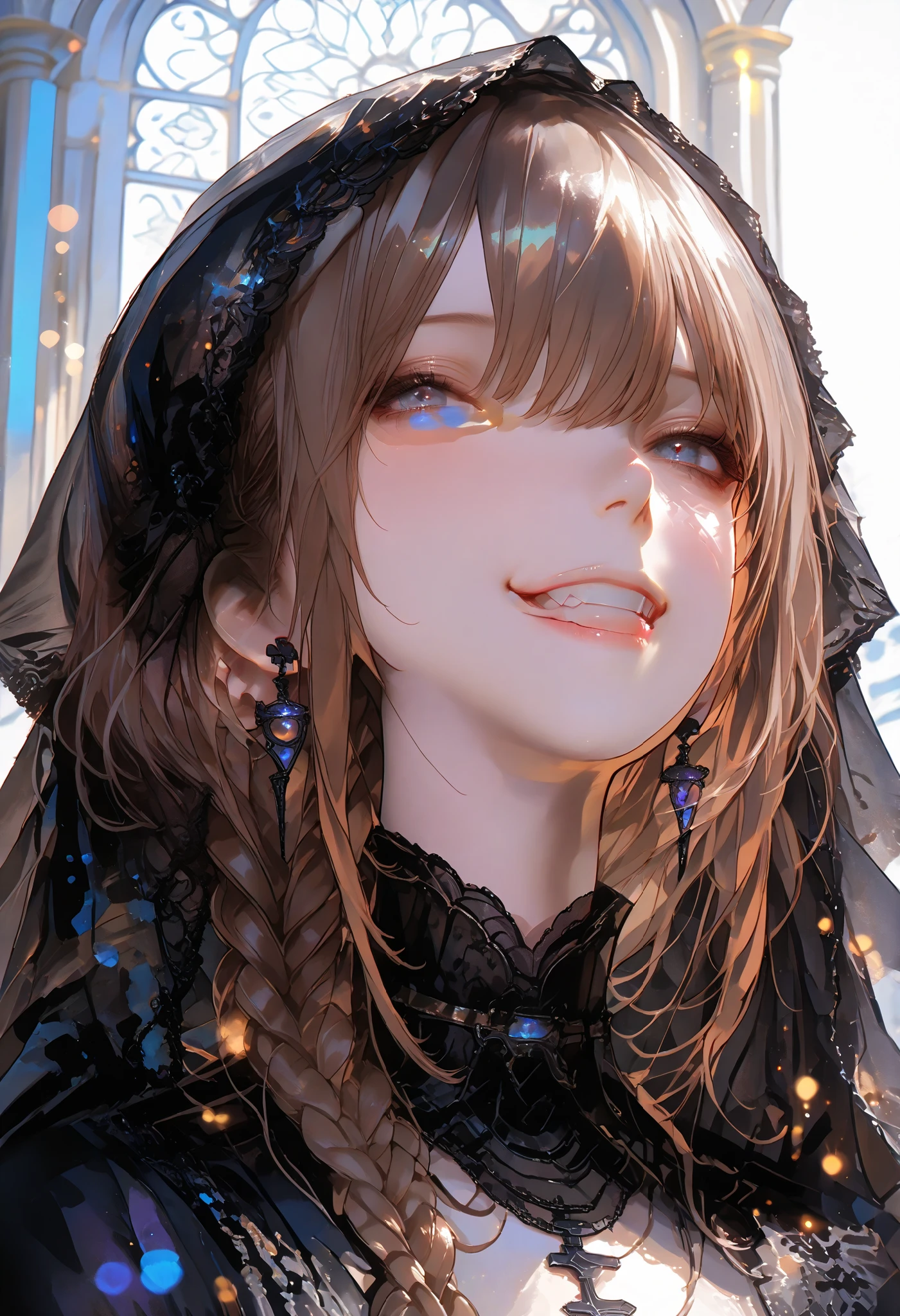((black veil ))、graceful behavior、big smile、Dark Dawn、holy church background、Destruction，High Quality、portrait、Photo、HDR、bokeh effect、Delicate Hues，((最High Quality)), (very detailed), (High Definition CG Composite 8K Wallpaper), 高いly detailed,  高い-definition raw colbor photos, professional photography,  Depth of Written Boundaries,Beneath the veil、Baby-Faced Girl Who Can't See Her Expressions、Winter clothing、in a crowd、Modest Smile、Delicate Feelings、Quiet Presence、A place with a hint of winter、soft light、Pale Color Palette、Portrait of a Soft and Delicate Woman、Realistic and Delicate Digital Art、High definition 8K、Super detailed、professional illustration、Photoような写実性，brown hair，shortcuts，unkempt hair，Short braided hair，Neat，slender beauty，correct posture，small breasted，beautiful legs，Her Enchanting Gray-Blue Eyes Are Shining Like Stars，Saggy Eyes，Brilliant Colors,beautiful eyes,A delicate smile,Textured Skin,Highest Quality,gentle and beautiful woman,anime style､
