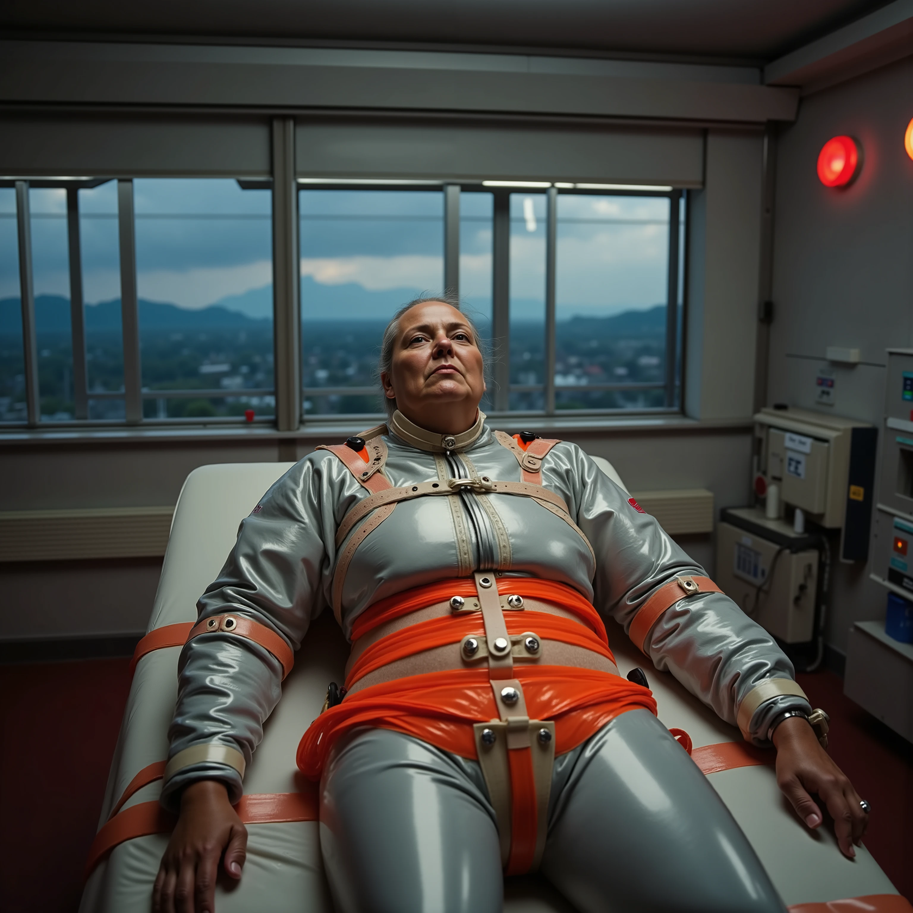 seguflux,Cinematic wide shot of a thin 84 year old elderly woman with a cute chubby face and belly in a futuristic asylum, she lays in a bed with thick translucent polymer restraint belts holding her limbs down, wearing a tattered silver vinyl raincoat under a glowing orange restraint harness made of shiny vinyl across her , illuminated by emergency red lighting in a sterile concrete and glass hospital room overlooking a mountain