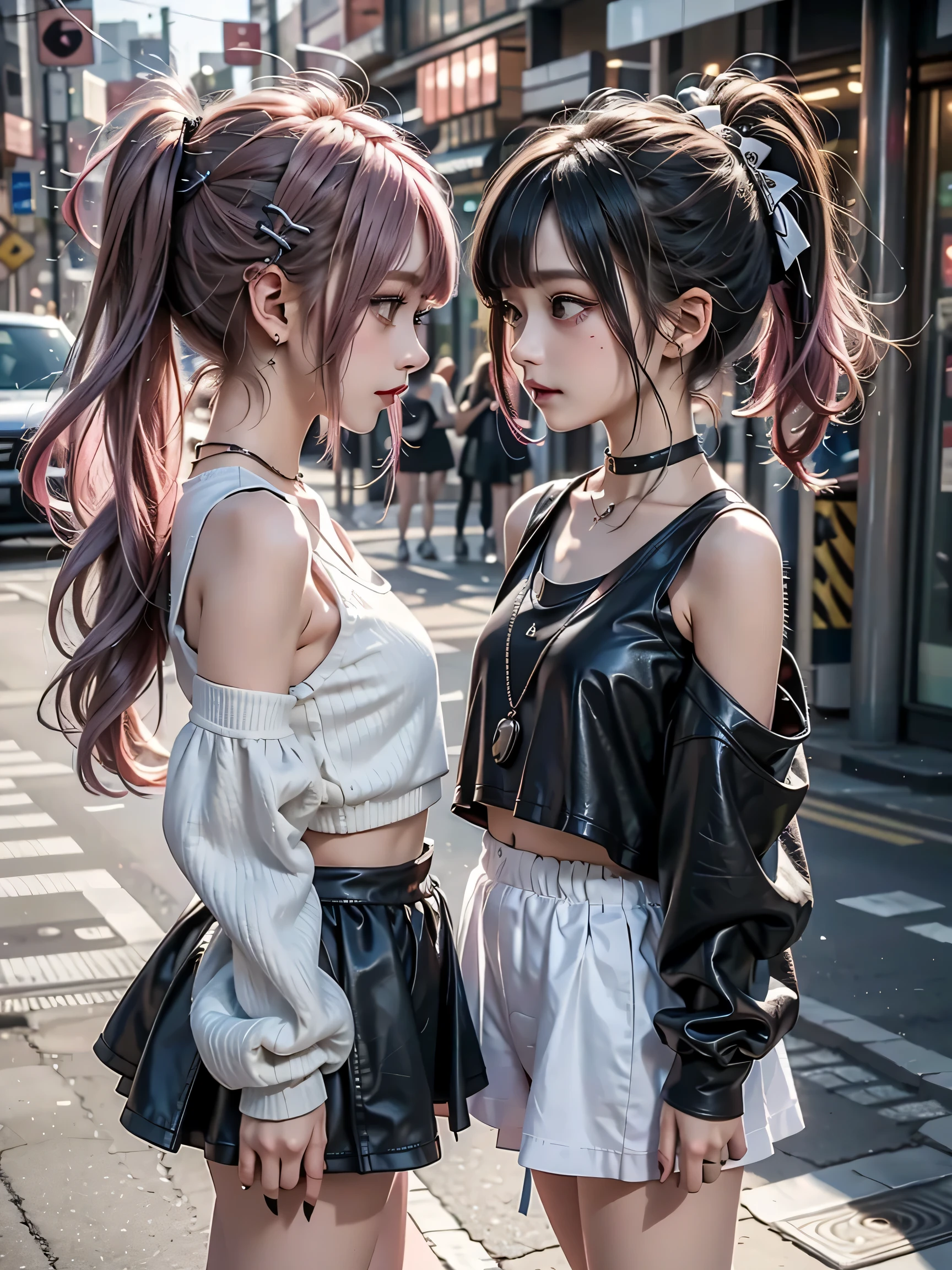 {{2girls}},profile,looking away,face to face、Confrontation、stare at each other、{{off-shoulder sweater}},{{round face、tiny,small breasts,little chubby}},{{Female kid cosplay,white tank top,black tank top,Full Body、leather shorts,cleavage}},{{round face、tiny,small breasts,little chubby}},gal.safetensors,GAL,{{gothic make up, Tram}},{{2girls,pink hair,dark hair twin tails,pink hair ponytail,black hair}}、{{Female kid cosplay,pink tank top,white tank top,Full Body、leather skirt,cleavage}},cyber stage,night,