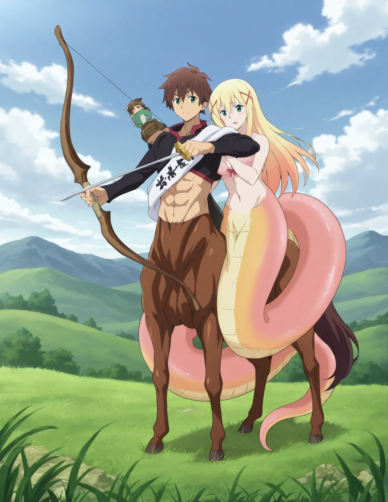 absurdres, highres, masterpiece, best quality, screencap, anime screencap, dynamic pose, medium breasts, 1girl, darkness /(konosuba/), long hair, white skin,green eyes, blonde hair, yellow hair,x hair ornament, ponytail, wearing light-pink bra top,lamia girl, 1boy, kazuma satou, 1boy, centaur,brown hair, green eyes, short hair,