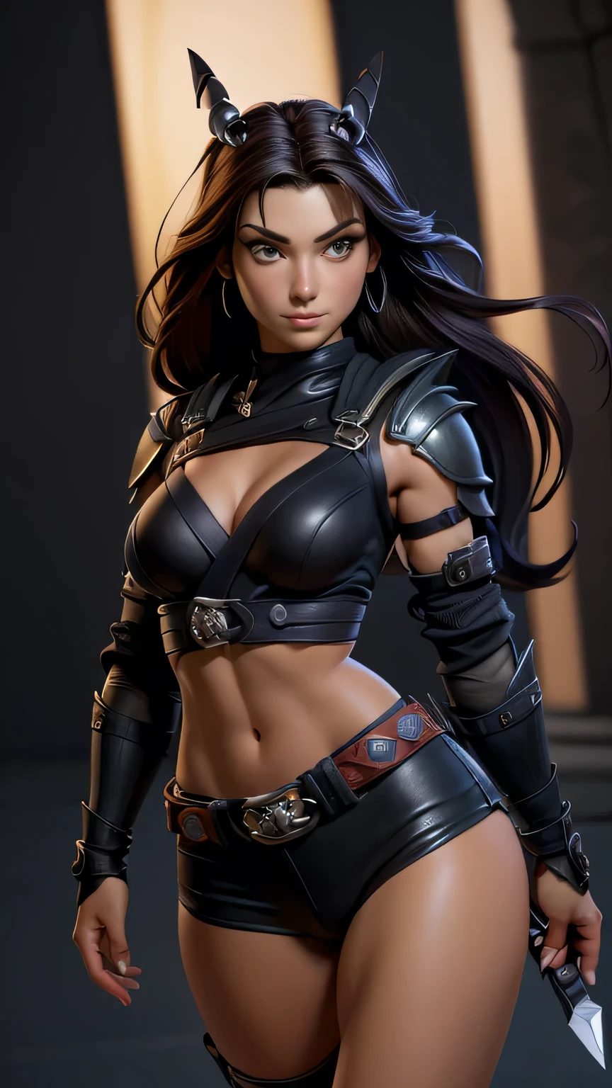 RAW digital art, ultra-realistic 3D render of a stunning woman resembling Native American Woman, Pocahontas, Close-Up portrait, ((young woman)), ((highly detailed face:1.3)), ((perfectly portioned body, perfect female figure:1.3)), ((skinny, slim waist, narrow hips:1.3)), ((seductive gaze)), ((flawless skin texture, long eyelashes, expressive eyes with subtle reflections, makeup)), ((perfect breasts, medium breasts:1.4)), ((smooth yet detailed hair strands, long dark as night hair, shiny hair: 1.2)), soft shadows and cinematic studio lighting, Pixar-inspired style blending vibrant colors with realistic details, ((wearing a kunoichi’s black shinobi shōzoku, light armor plates bound over chest and thighs, twin kunai strapped across the belt: 1.35)), standing on a moonlit rooftop, tiled eaves stretching across the village, shadows shifting under torchlight, One leg bent slightly at the knee, fingertips grazing her thigh, serene expression, background softly blurred with warm tones, (8K resolution, intricate textures, sharp focus)