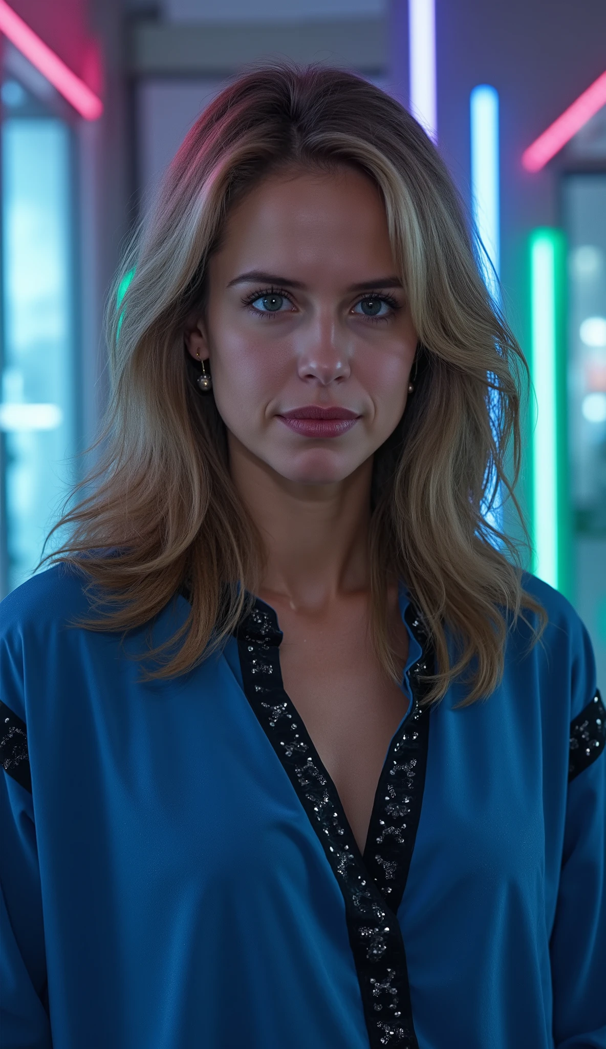 Kelly Preston wearing luxury clothing, blue shirt with black details on the background, neon pilasters, walls with high quality reflections, blue and green neon with broken windows in the highest quality in 64k and tactical people. 