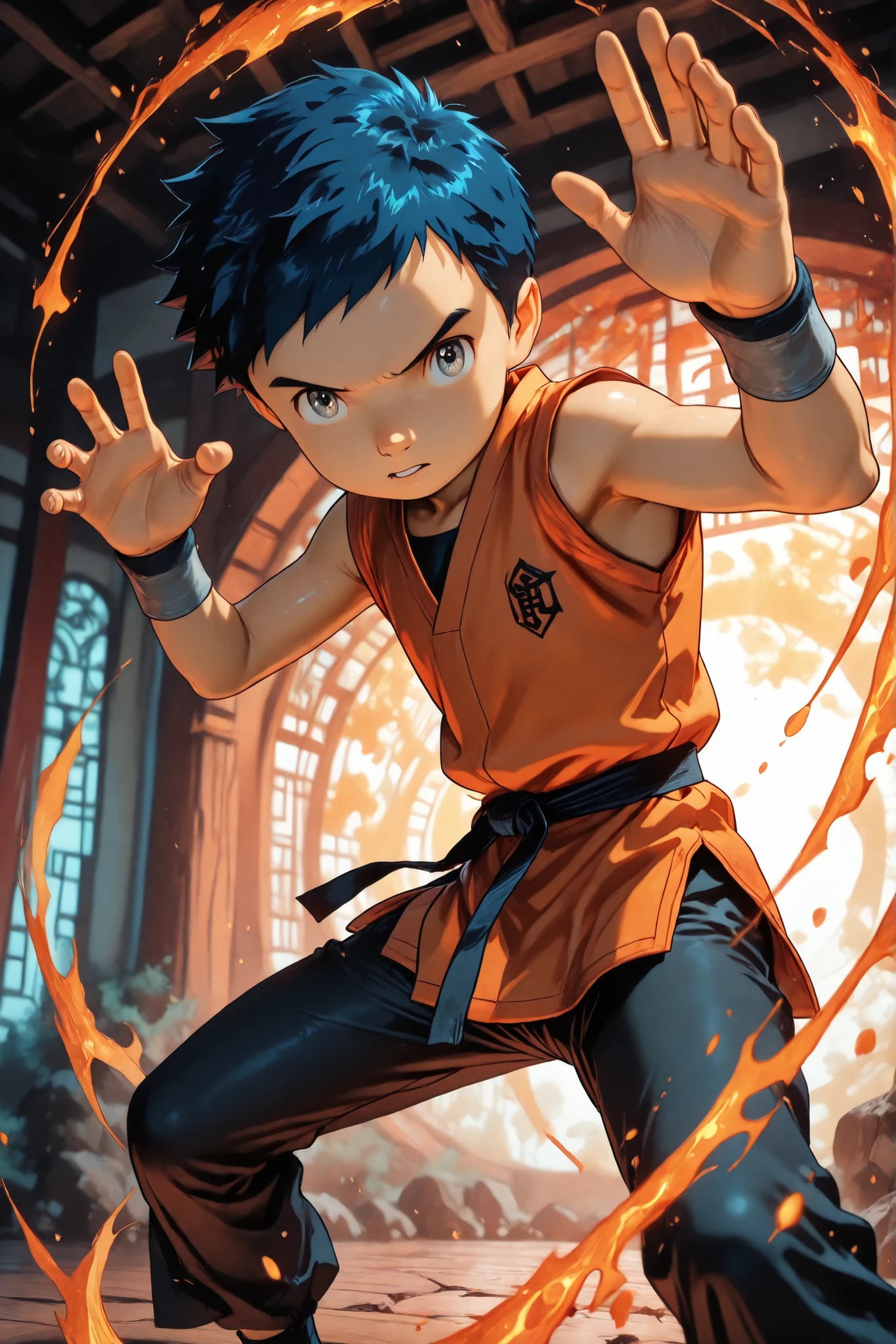 1boy,male focus,henry wong, blue hair, short hair,grey eyes, martial arts uniform (orange dougi (((sleeveless))), dark-colored pants), light grey wristbands, determined, parted lips,perfect hands, perfect fingers,BREAK kung fu pose, kung fu stance,BREAK masterpiece, best quality, amazing quality, high resolution, ultra-detailed, newest, depth of field, intricately detailed illustration, very awa, colorful, shiny skin,hyper-Detailed,atmospheric scenery,dynamic pose,dynamic angle