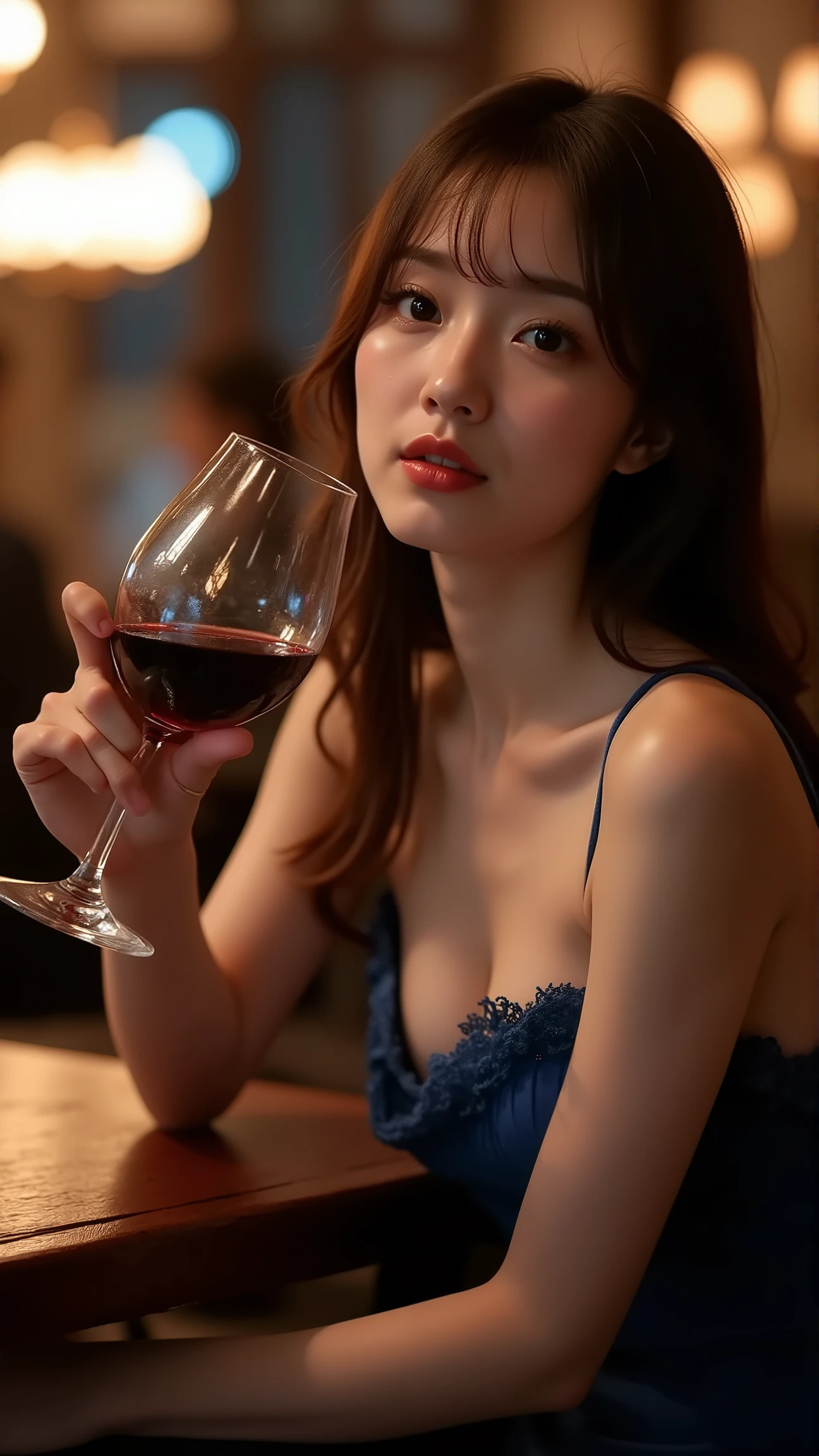 (dramatic lighting), (very realistic photograph), (A beautiful Japanese lady in a blue night dress is sitting at a table and drinking wine in a Jazz bar.), She is seductively and slightly smiling., face focus, back ground blur,