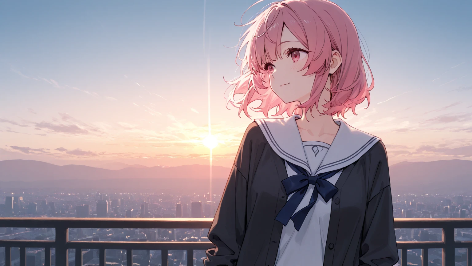 detailed anime girl in a peaceful urban city at dusk, fluffy clouds in the sky, serene atmosphere, soft lighting, warm colors, intricate details, 1girl, Distant view, photorealistic, 8k, highly detailed, masterpiece, cinematic lighting, dramatic lighting, vibrant colors, ethereal, dreamlike, tranquil, calming, relaxing
