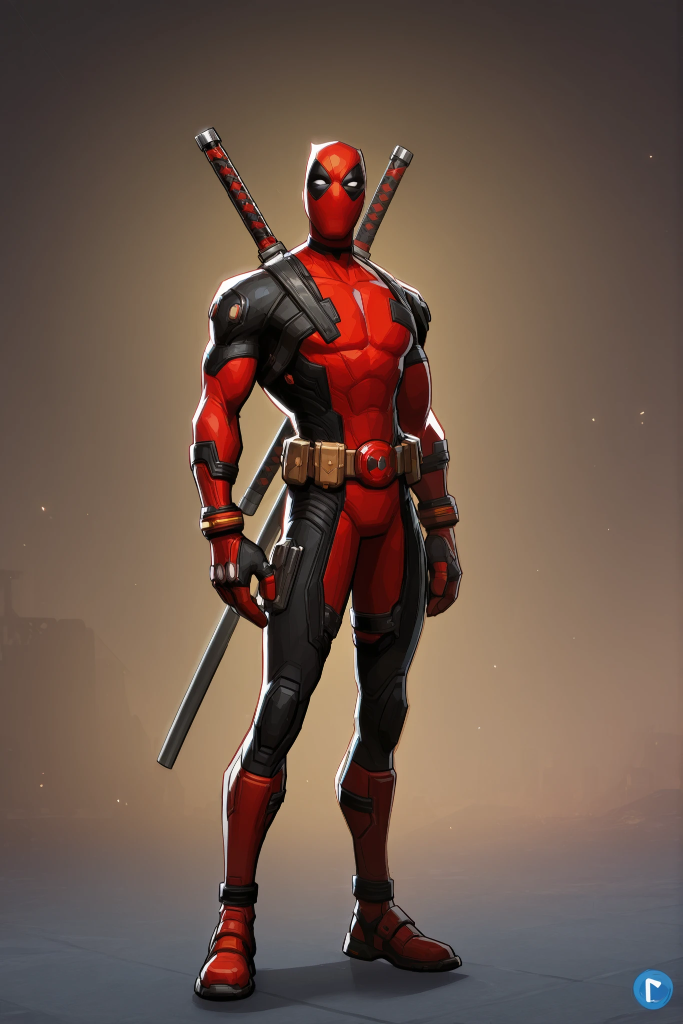 Deadpool standing, two katanas on back, utility belt, black suit with little red accents, athletic body, character design, 2d cartoon, 8k ultra HD, high quality, good lighting 