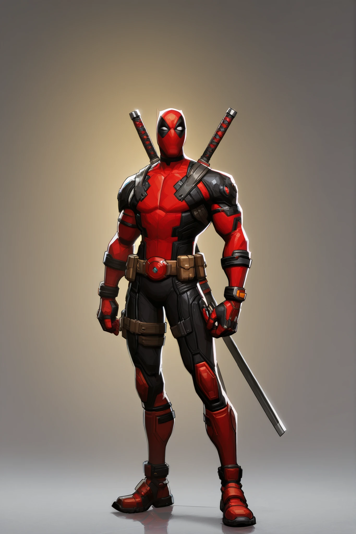 Deadpool standing, two katanas on back, utility belt, black suit with little red accents, athletic body, character design, 2d cartoon, 8k ultra HD, high quality, good lighting 