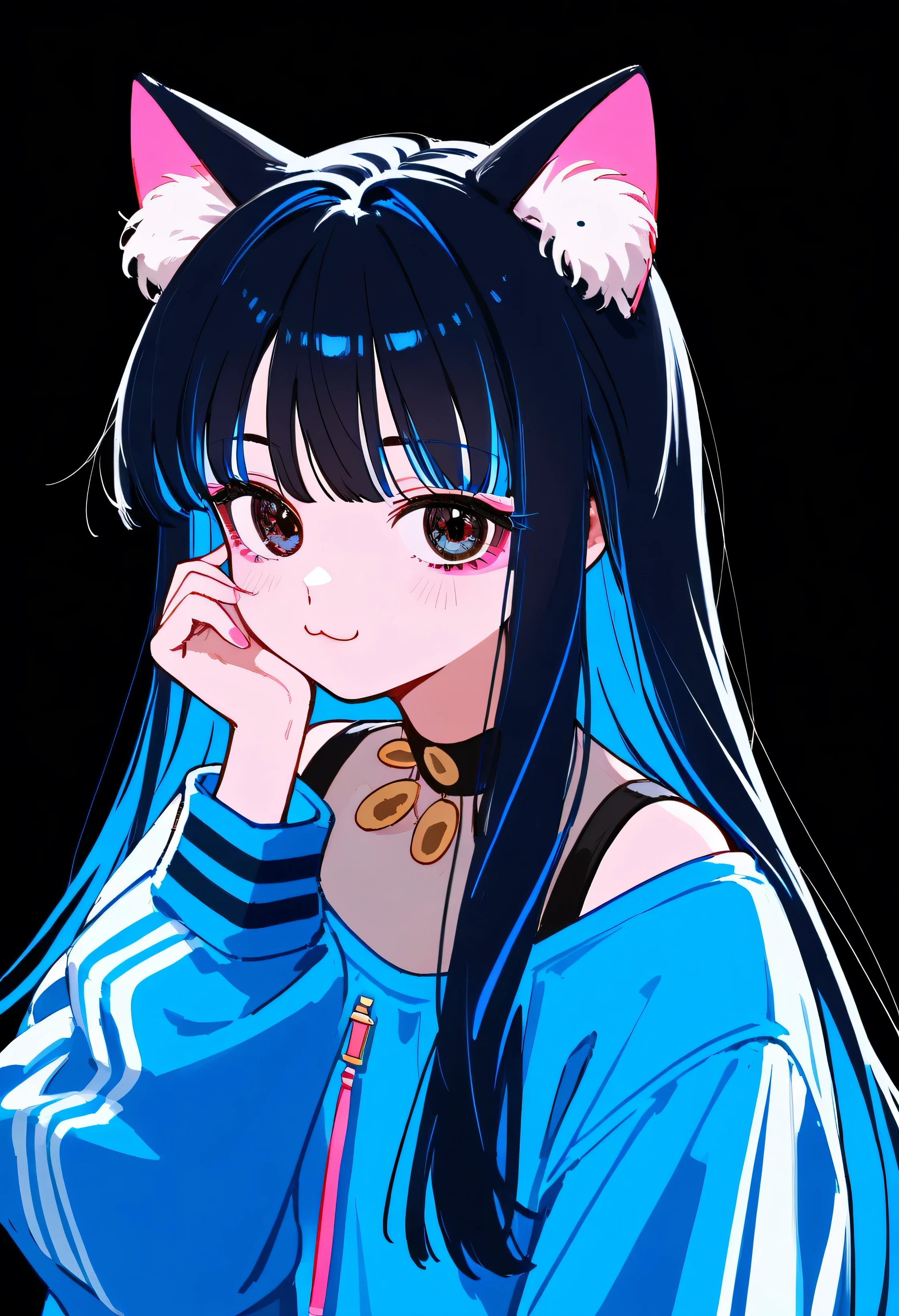 Alone girl, lonely atmosphere, long hair, black hair, blue hair, cat ears, androgynous face, cool, cute, mysterious woman, oversized clothing, street fashion, blue and pink neon colors, curls, eyeliner, makeup, tanzanite accessories, blue jacket, black background, simple background, masterpiece, precision, high quality, game world