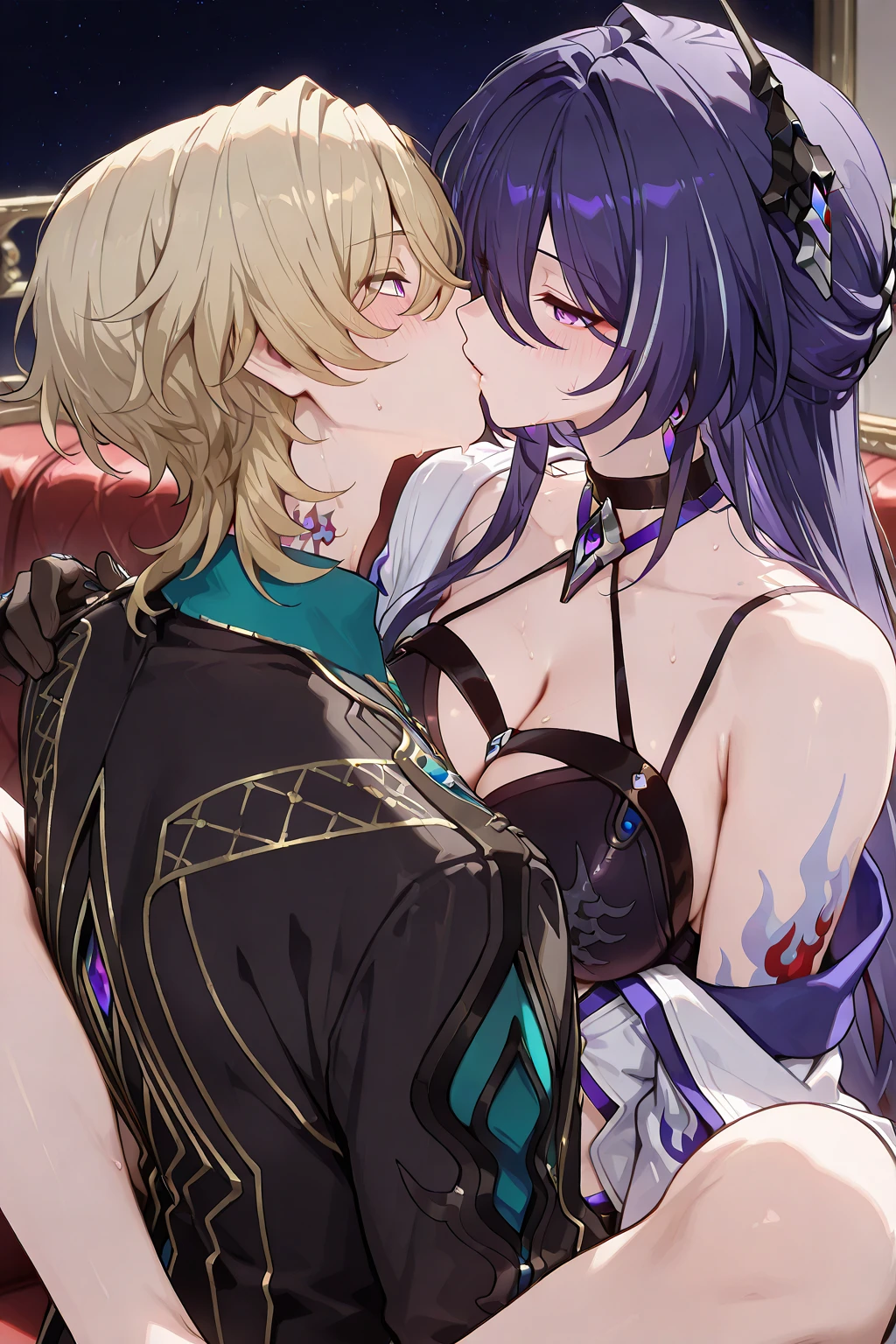((Highest quality)), ((masterpiece)), (detailed), （Perfect Face）、The woman is an Exstia, a transforming heroine with semi-long blue hair.、The man is the evil leader, Naioro, a handsome man with medium-long blonde hair and a black ????????.、A woman and a man are hugging and kissing while ??????????