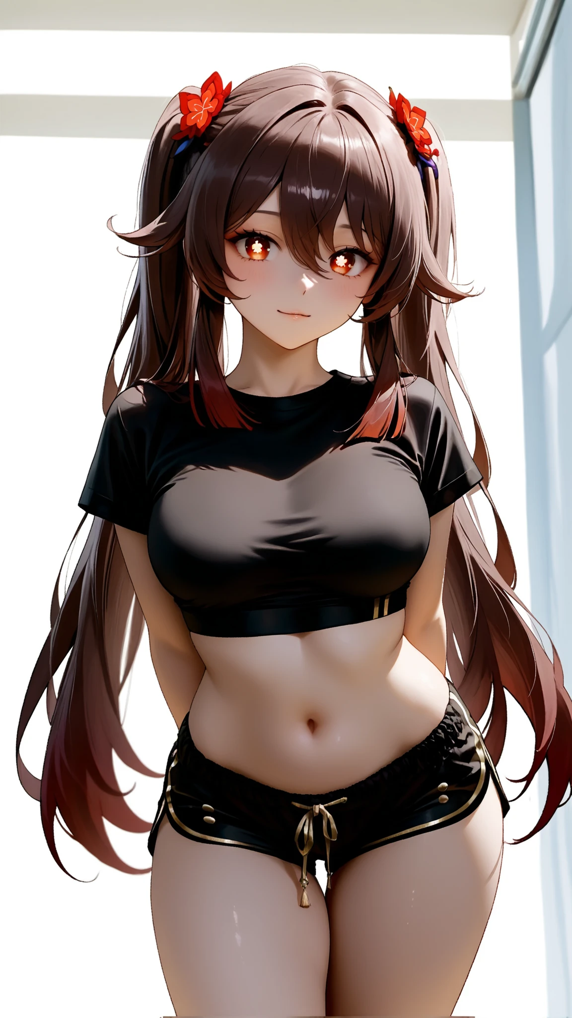 Hu_Tao_(Genshin_Impact), red_eyes, brown_hair, long_hair, twintails, symbol-shaped_pupils, Hu Tao, Genshin Impact, with a white background,intricate_details_xl, masterpiece, extremely detailed, 16k, solo, semi realistic, 1girl, adult ,((fullbody)), 1girl, legs, , arms behind back, housewife, black shorts, black tshirt, navel, soft light, high detailed, best quality, upper body, looking at viewers, front look, hot pose, photography, cowboy shot