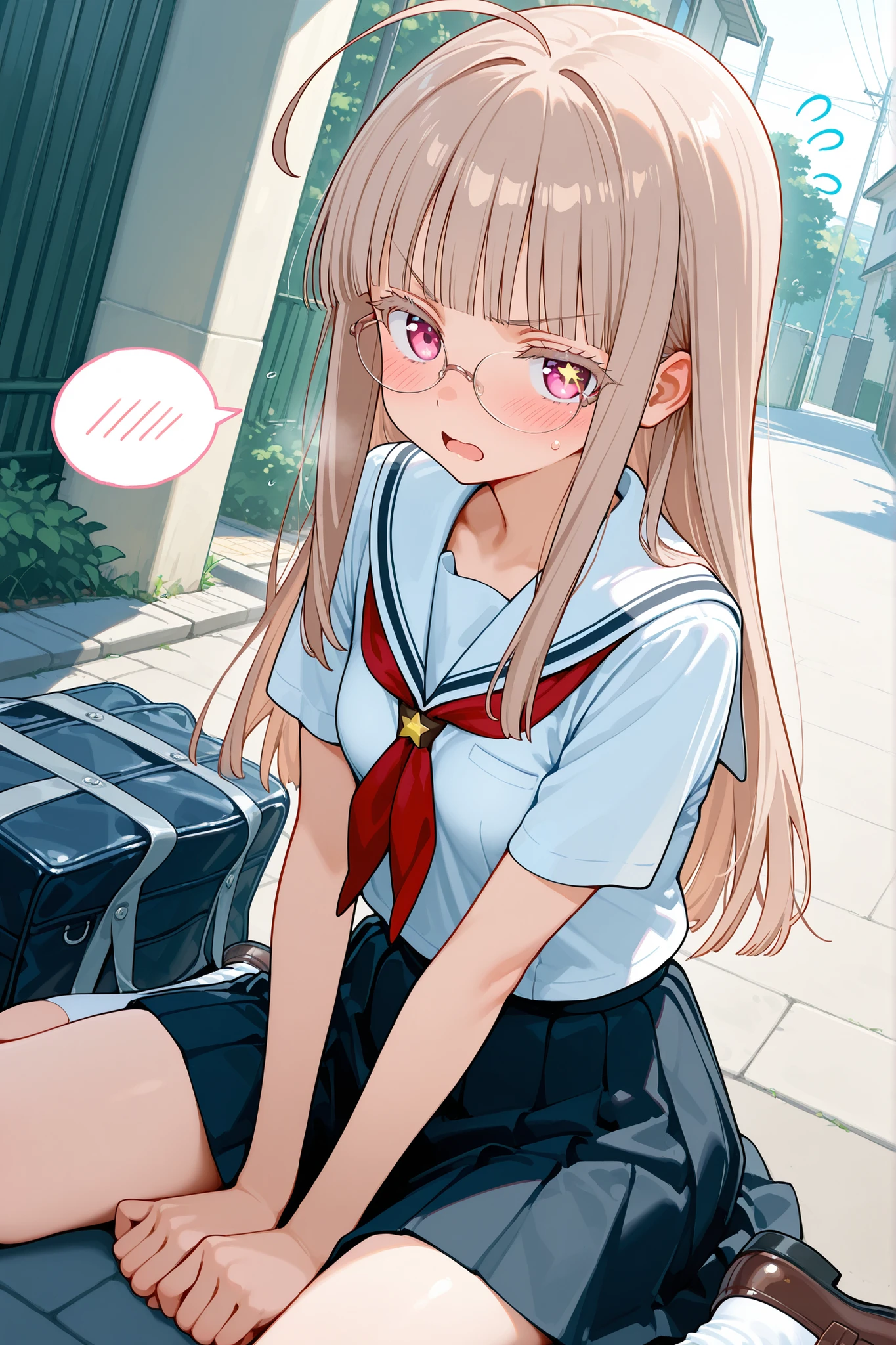 NSFW, 1girl, solo, character focus, close to viewer, front view, upper body, cowboy shot, looking ahead, dutch angle, close-up, spoken blush, flying sweatdrops, outdoor, residential area, sidewalk, school route, wariza, hand between legs, covering crotch, summer school uniform, school uniform skirt, no panties, school bag, glaring, v-shaped eyebrows, open mouth, glasses, light brown hair, light pink eyes, eyelashes, colored eyelashes, light brown eyelashes, tareme, star in eye, long hair, blunt bangs, small breasts, sidelocks, \:3, ahoge, soft lighting, high detail, anime style, {animated painting}, {{{{{five hand fingers}}}}}, {{{{{4fingers and 1thumbs}}}}}, {{{high resolution}}}, {{{best quality}}}, {{ultra-detailed}}, {illustration}, {{an extremely delicate and beautiful}},