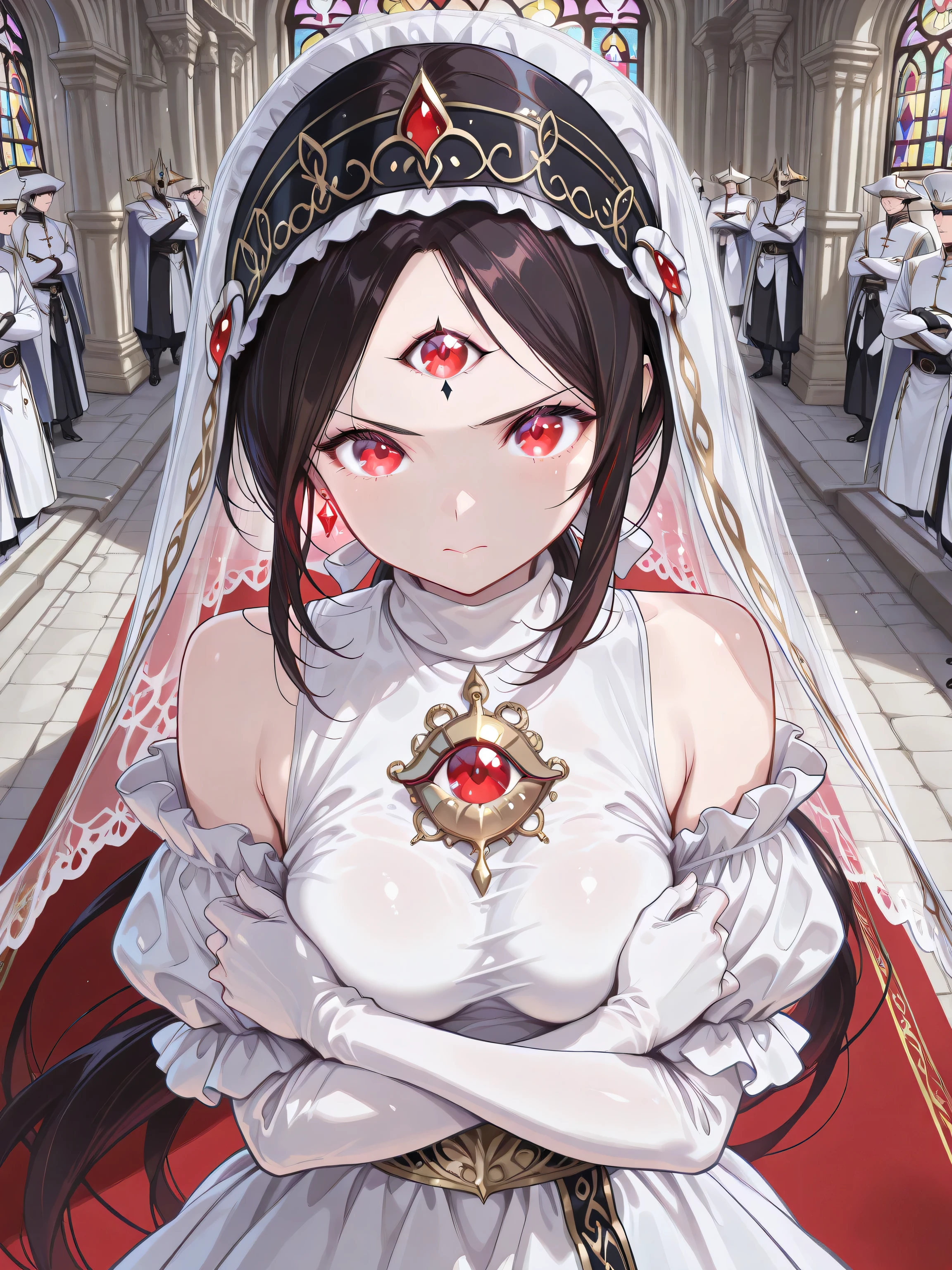 ((language: japanese、English)、(masterpiece), (Highest Quality), (high score), (high resolution),(4K),No censorship,),

(Rome in the Middle Ages、(spring)、(watching the audience in the morning)、(Outdoors)、1girl,,solo,),
(masterpiece, Highest Quality, very aesthetic),
(,(magnificent cathedral、red carpet、stained glass）、,,,,(anatomically accurate),),

(((detailed eyes,Anime Eyes,Advanced Eye Details),(The Third Eye glowing red),,BREAK,(very cute and beautiful girl),(beautiful hair,depicting extremely delicate hair, hair detailer:1.5),(ultra-detailed face:1.4),(deep detailed eyes:1.4),))

((mature woman,dark haired, long hair, side lock, low ponytail, Third Eye, (headdress, with race),white dress,(turtleneck dress,frills, race, luxuriously embroidered dress),Offshoulder,,long gloves,white gloves,diamond earrings,(turtleneck, V-neck),(medium breasts),(side boob),(Short Height),),((Glynn),)(Head down :1.2),(bouquet, arms crossed in front of chest, bouquet held in both hands, bouquet wrapped),,BREAK,(White race, wearing race,  cover forehead ,  face ),[Viewer over:],[facial focus:],,BREAK,[upper body close-up:],[from above:1.5],[Frontal shot:1.5],[Dutch angle],),
(White veil, very long, veil covering the forehead, forehead hidden),(White veil, very long, veil covering the forehead, forehead hidden),
(),
（high score）、（BEST IMAGE GENERATION）、
(number of correct fingers, Five Fingers),
(White race, wearing race,  cover forehead ,  face ),
