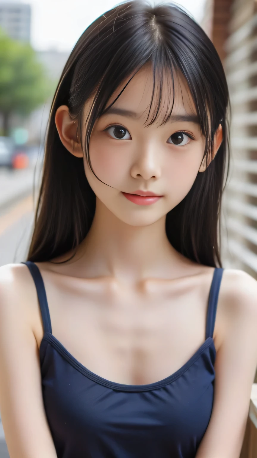 bangs、Beautiful Breasts、 Camisole 、 protruding nipple、black eyes、looks into the camera、surprised expression、navy school swimsuit