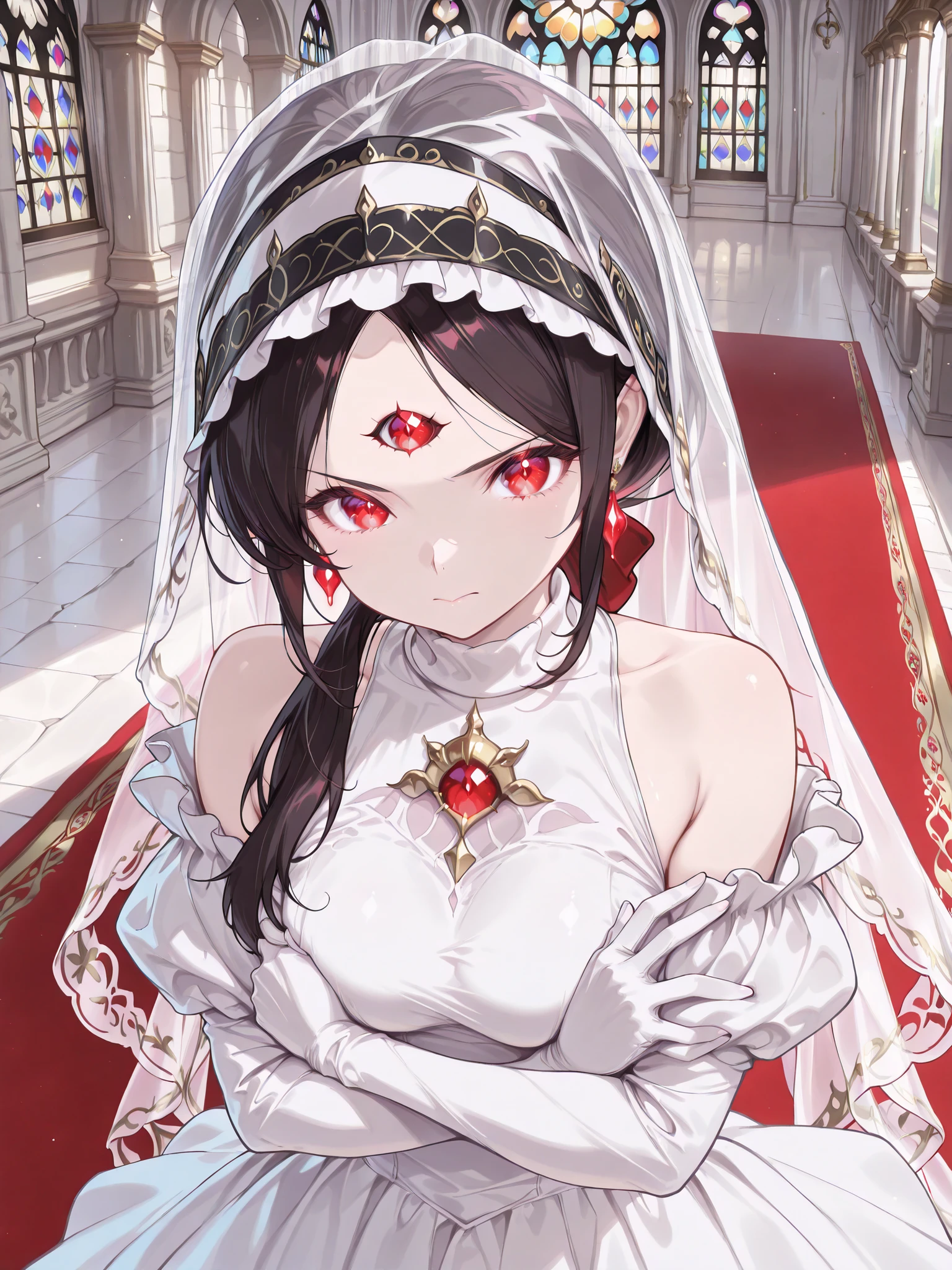 ((language: japanese、English)、(masterpiece), (Highest Quality), (high score), (high resolution),(4K),No censorship,),

(Rome in the Middle Ages、(spring)、(watching the audience in the morning)、(Outdoors)、1girl,,solo,),solo,
(masterpiece, Highest Quality, very aesthetic),
(,(magnificent cathedral、red carpet、stained glass）、,,,,(Anatomically Accurate Structure),),

(((detailed eyes,Anime Eyes,Advanced Eye Details),(The Third Eye glowing red),,BREAK,(very cute and beautiful girl),(beautiful hair,depicting extremely delicate hair, hair detailer:1.5),(Ultra Detailed Face:1.4),(deep detailed eyes:1.4),))solo,

((mature woman,dark haired, long hair, side lock, low ponytail, Third Eye, (headdress, with race),white dress,(turtleneck dress,frills, race, luxuriously embroidered dress),off shoulder from slightly above,,long gloves,white gloves,Diamond Earrings,(turtleneck, V-neck),(medium breasts),(side boob),(Short Height),),((Glynn),)(Head down :1.2),(bouquet, arms crossed in front of chest, bouquet held in both hands, bouquet wrapped),,BREAK,(White race, wearing race,  cover forehead ,  face ),[over viewer:],[facial focus:],,BREAK,[upper body close-up:],[from above:1.5],[Frontal shot:1.5],[Dutch angle],),
(White veil, very long, veil covering the forehead, forehead hidden),(White veil, very long, veil covering the forehead, forehead hidden),
(),
（high score）、（BEST IMAGE GENERATION）、
(number of correct fingers, Five Fingers),
(White race, wearing race,  cover forehead ,  face ),solo.solo.,solo,,solo,,solo,,solo,1girl1girl1girl1girl1girl1girl,(１人以上描写しない！）
