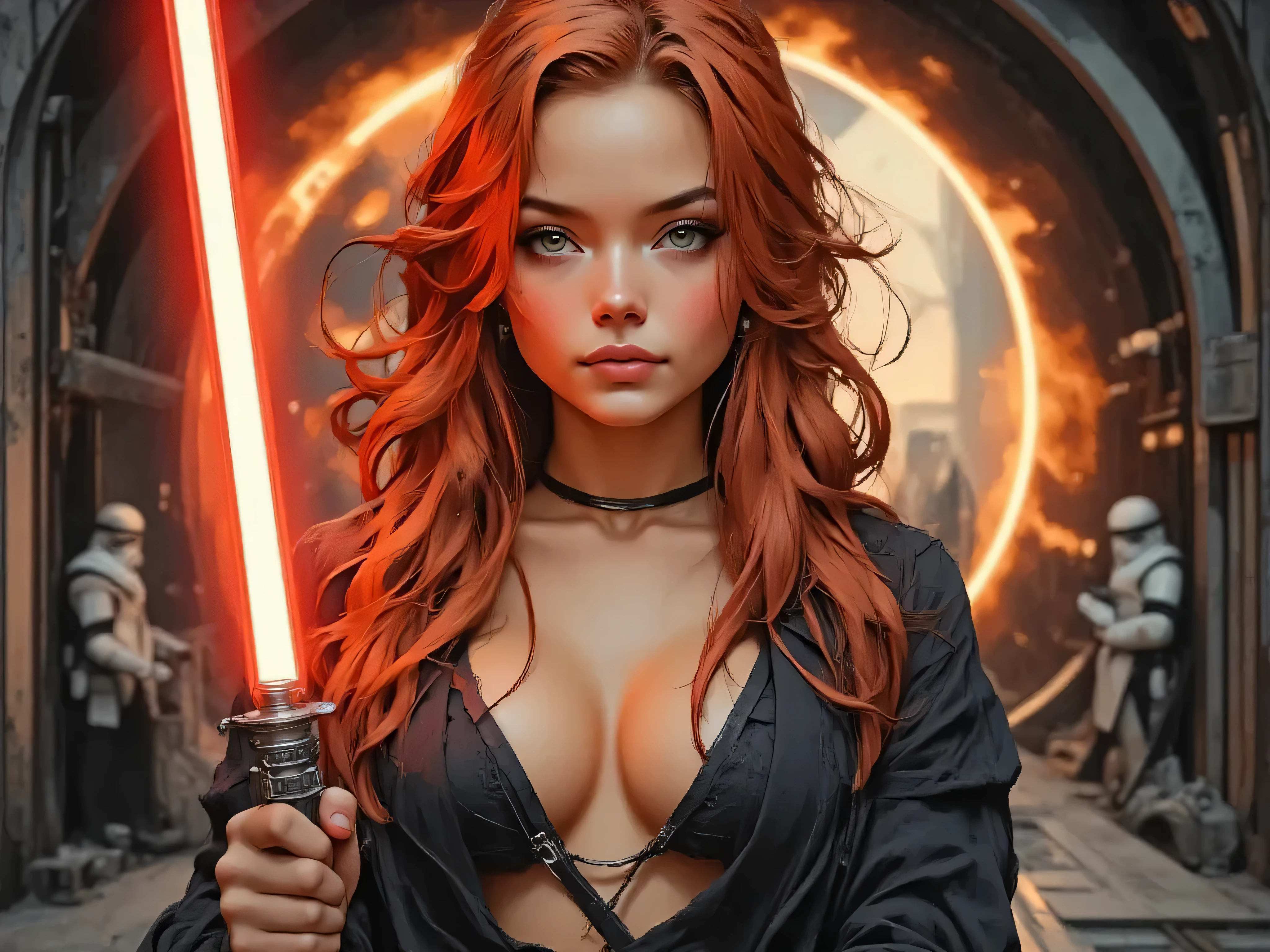 Character: A beautiful, commanding Mara Jade as a Sith Lord. She has vibrant wavy red hair, piercing green eyes, and fair, alabaster skin. She smiles slightly.
​Attire & Pose: She wears the classic Sith tunic (or robes) reimagined with a sultry, pin-up style open to accentuate the cleavage/breast area. Over this, she wears a long, flowing black coat. Her expression is a sly, confident smile, suggesting she is waiting for an attack. She holds a perfectly detailed, ignited red lightsaber in her flawlessly rendered hands.
​Setting & Composition: She stands in the TIE Fighter hangar bay of the Death Star (or a similar Imperial station).
​Atmosphere & Lighting (NEW): Dominating the view behind the woman is a stunning total solar eclipse, casting the scene in an eerie, twilight glow. This results in dramatic, deep shadows contrasting with sharp, rim lighting on her form and the metallic elements of the hangar, particularly from the eclipse's corona and distant internal hangar lights. The eclipse creates subtle, yet striking reflections on polished surfaces, enhancing the mysterious and powerful ambiance. The overall mood is dark, menacing, and intensely atmospheric.
​Background Elements: In the background, two Stormtroopers are visible near or inspecting a TIE Fighter, partially silhouetted by the eclipse's indirect light.
​Style & Quality: Hyper-realistic, photorealistic, ultra-detailed, 4K. Utilize cinematic, high-contrast lighting to emphasize the eclipse's effect. Perfect details, perfect symmetry.