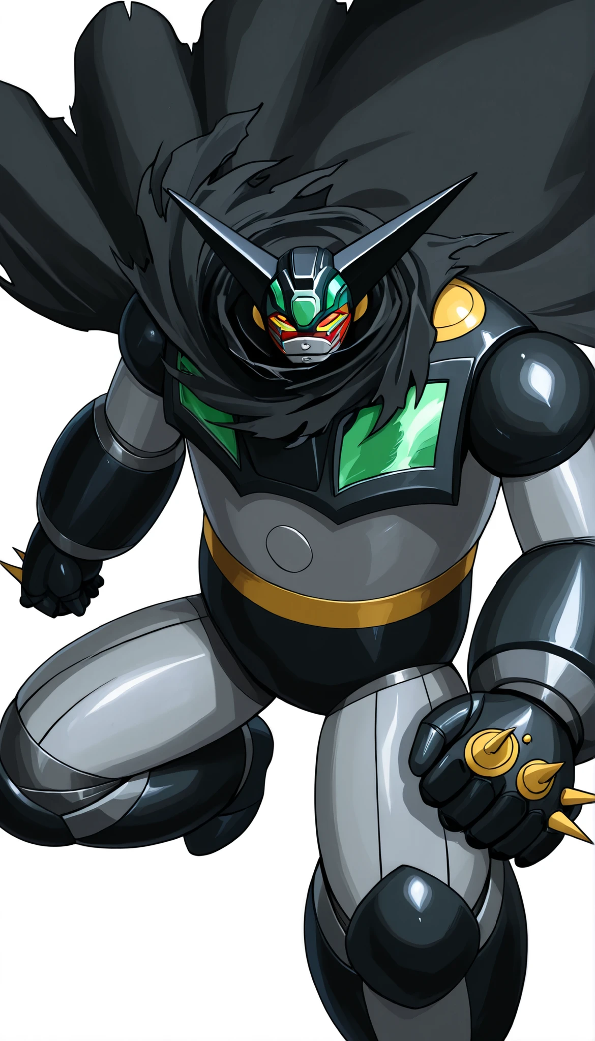ブラックGetter Robo、Action Pose、white background、(Getter Robo, Super Robot, Mecha), Dynamic Pose、large black cloak to fasten on the shoulder、(black getter, Super Robot, Mecha)